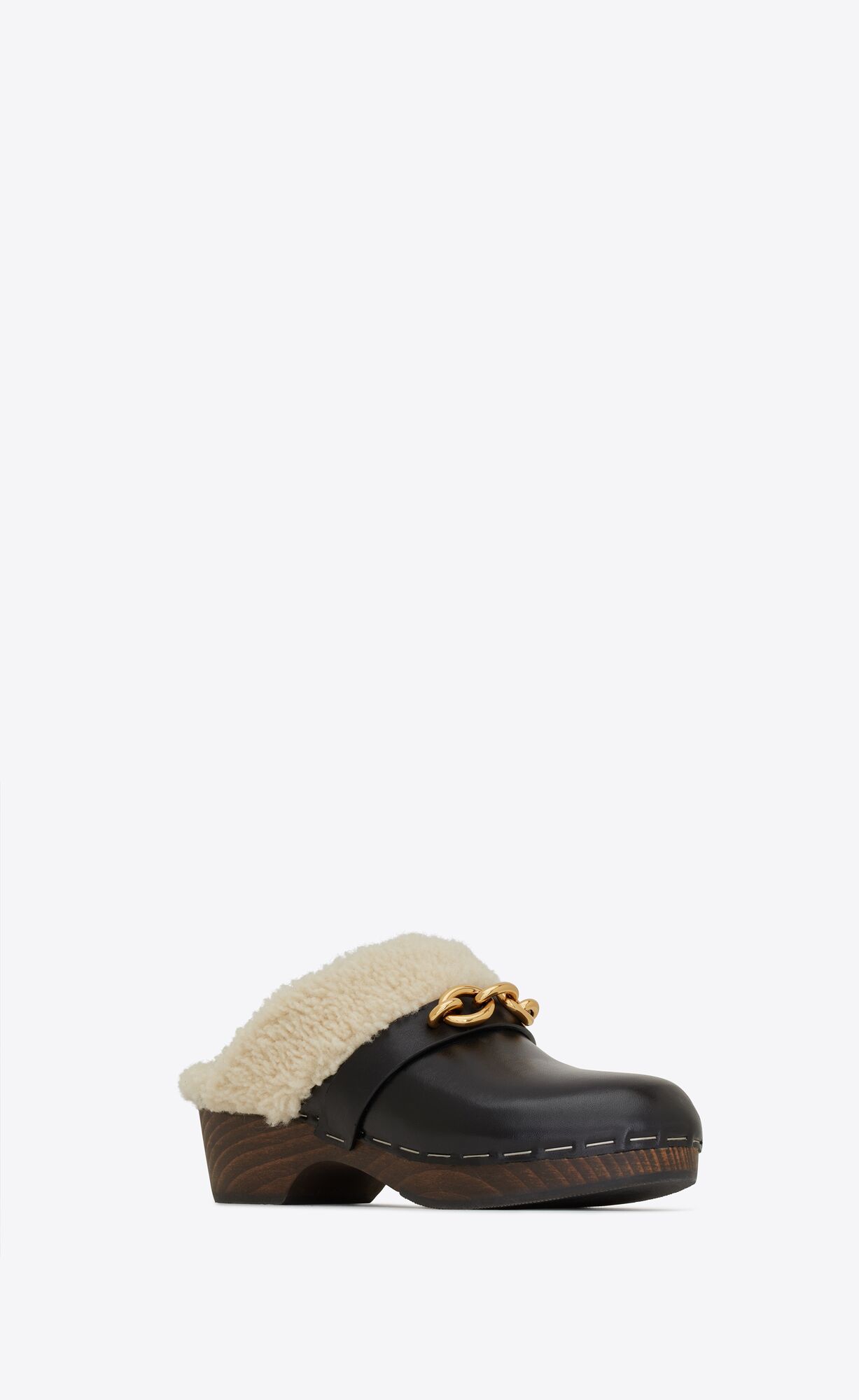 YSL Le Maillon Clogs In Smooth Leather And Shearling Noir | 6521940-UF