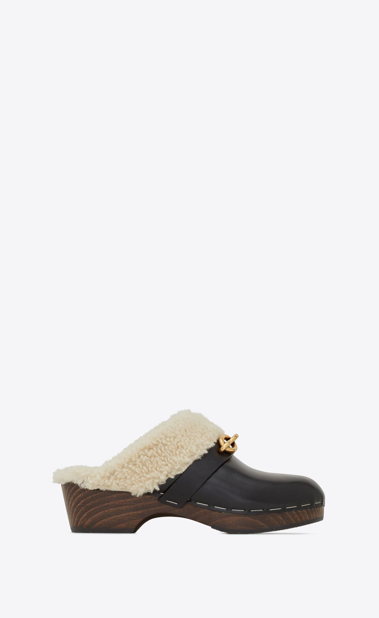 YSL Le Maillon Clogs In Smooth Leather And Shearling Noir | 6521940-UF