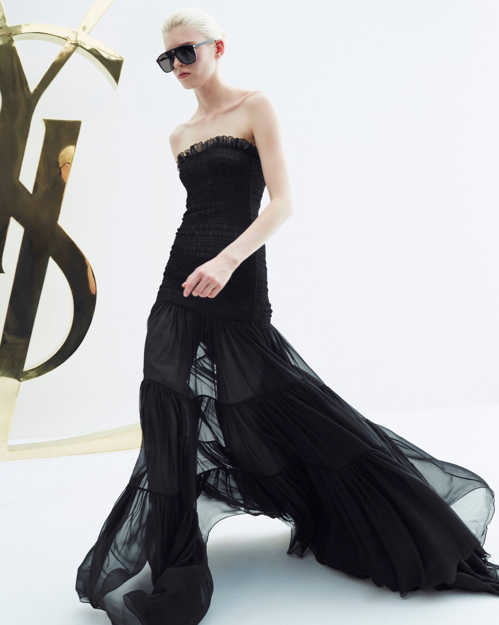 YSL Long Bustier Dress In Crepe Muslin Black | 4159803-PQ