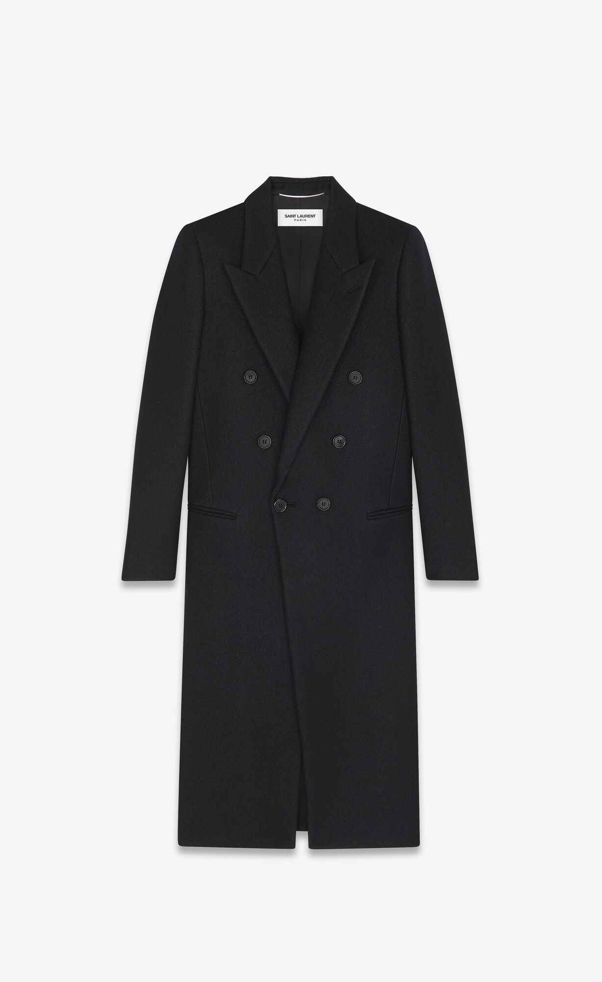 YSL Long Double-breasted Coat In Wool Felt Noir Brillant | 3265948-YE