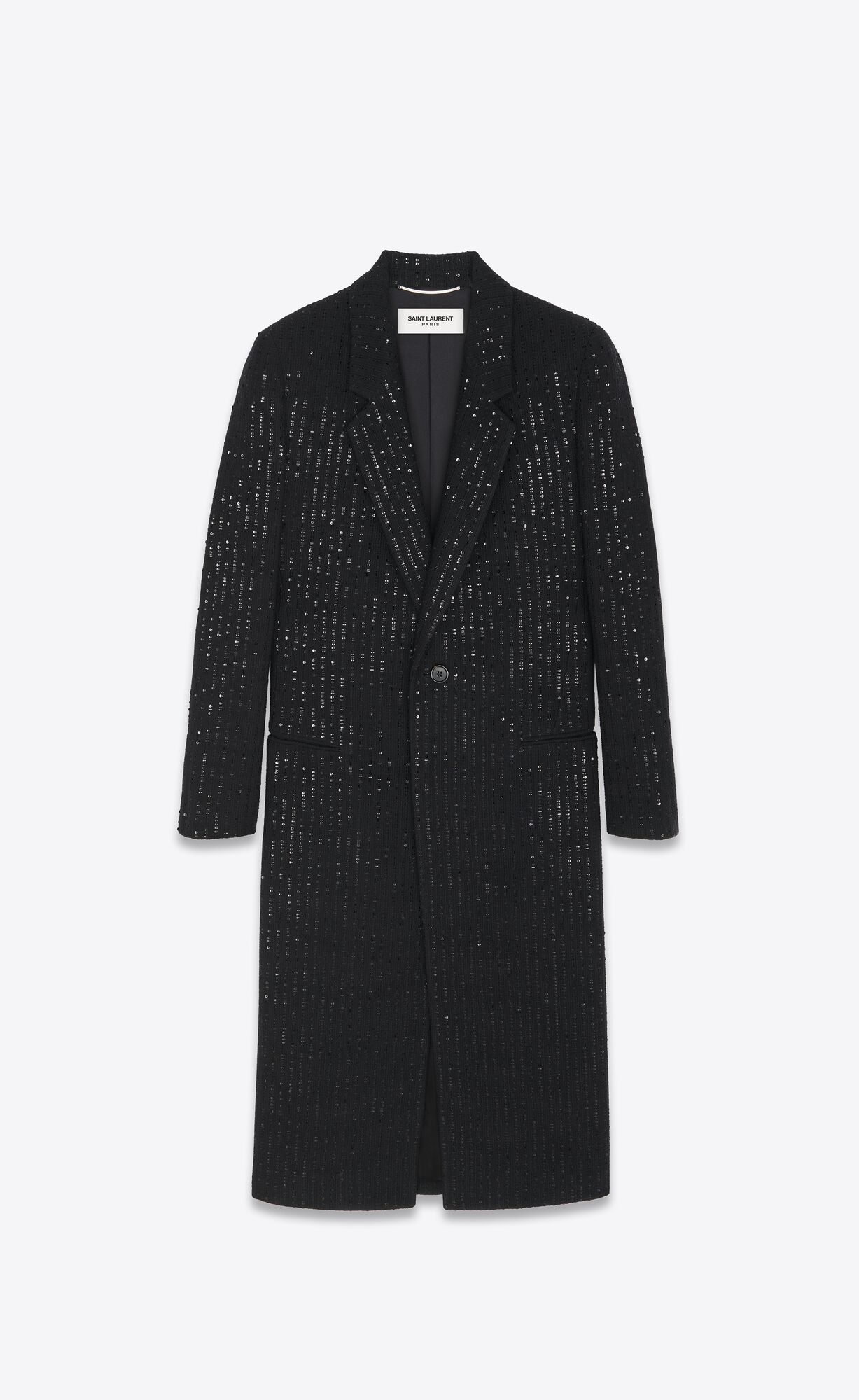YSL Long Single-breasted Coat In Sequined Tweed Noir Brilliant | 7245036-SE
