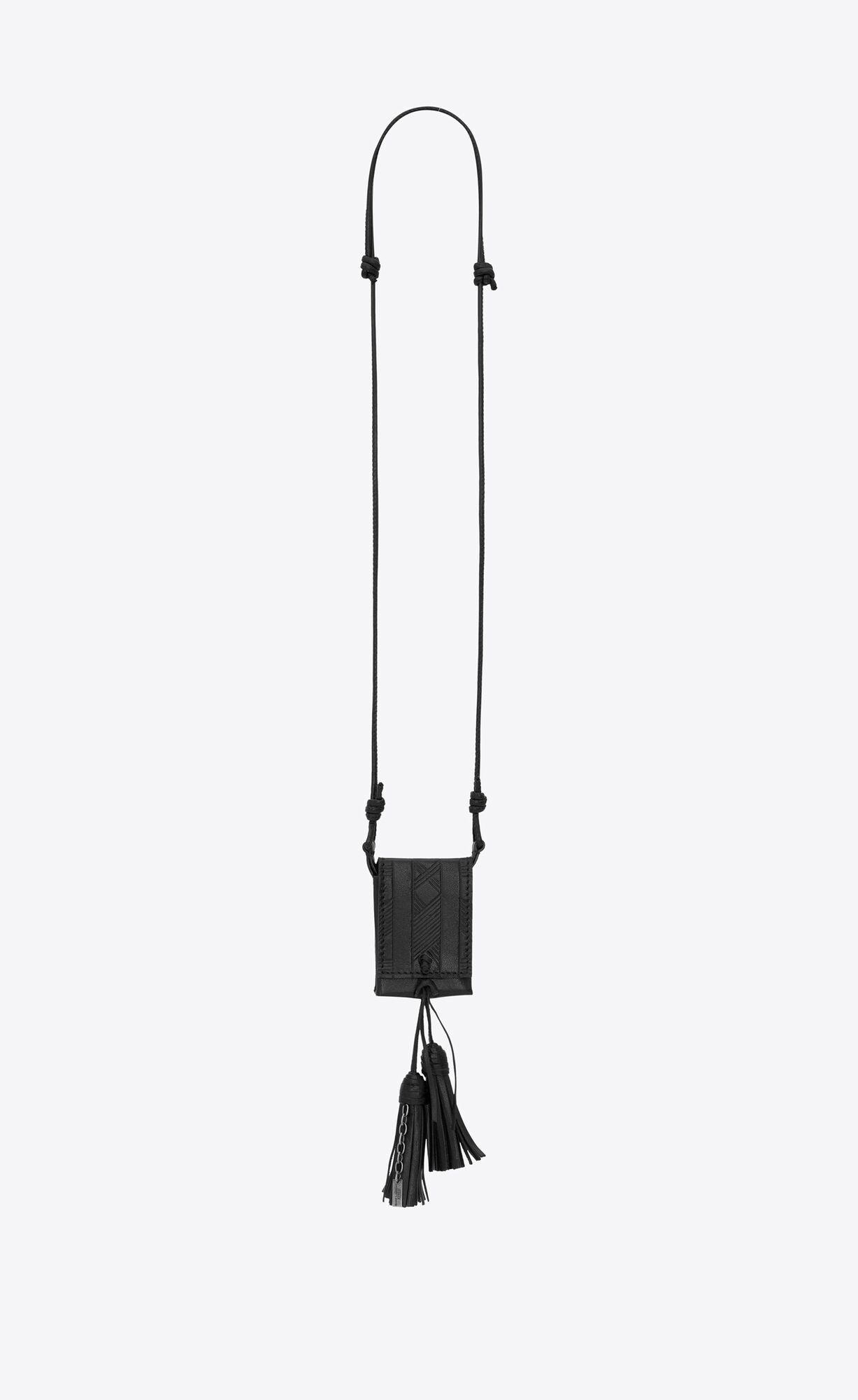 YSL Long Tassel Bag Necklace In Vegetable-tanned Leather And Metal Black | 2854039-GI
