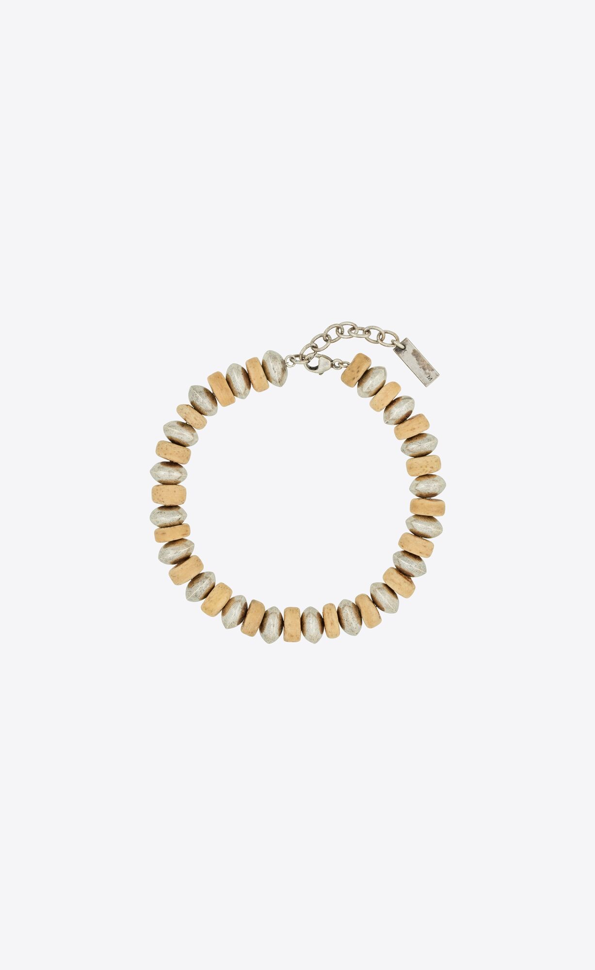 YSL Multi Beads Bracelet In Metal And Wood Oxidized Silver And Brown | 5316947-XJ