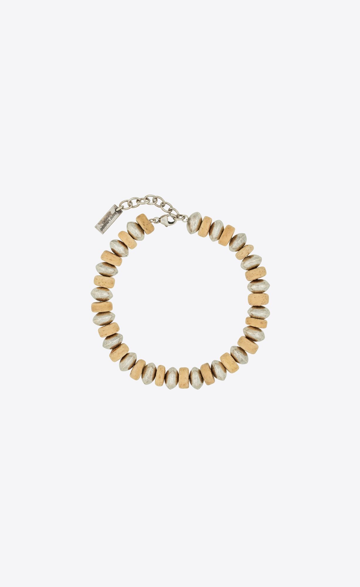 YSL Multi Beads Bracelet In Metal And Wood Oxidized Silver And Brown | 5316947-XJ