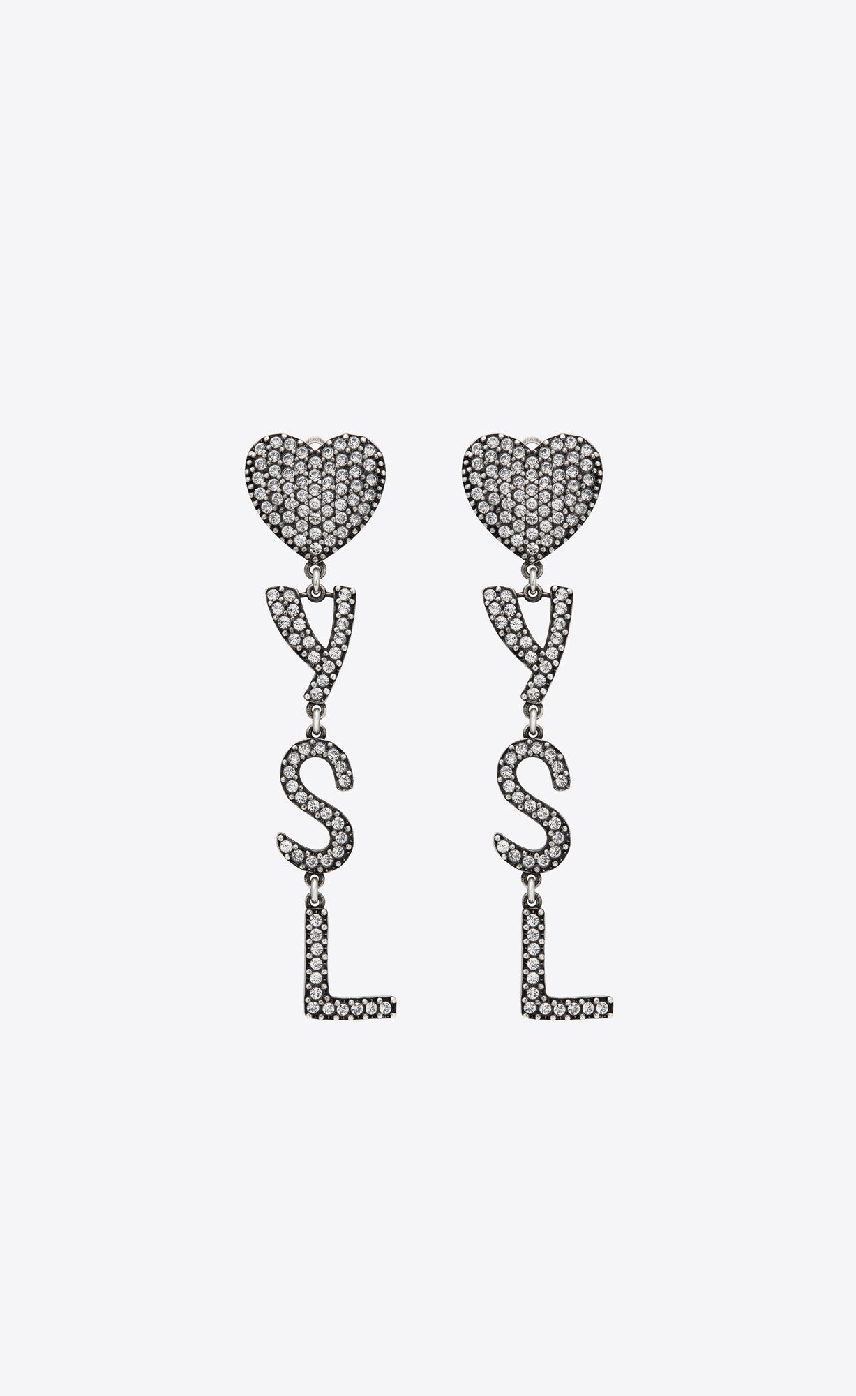 YSL Opyum Heart Earrings In Metal And Crystal Oxidized Silver | 0327951-FP