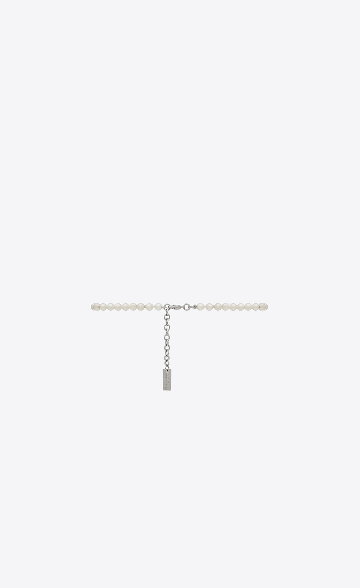 YSL Pearl Id Tag Bracelet In Metal Palladium And Cream | 1407856-LM