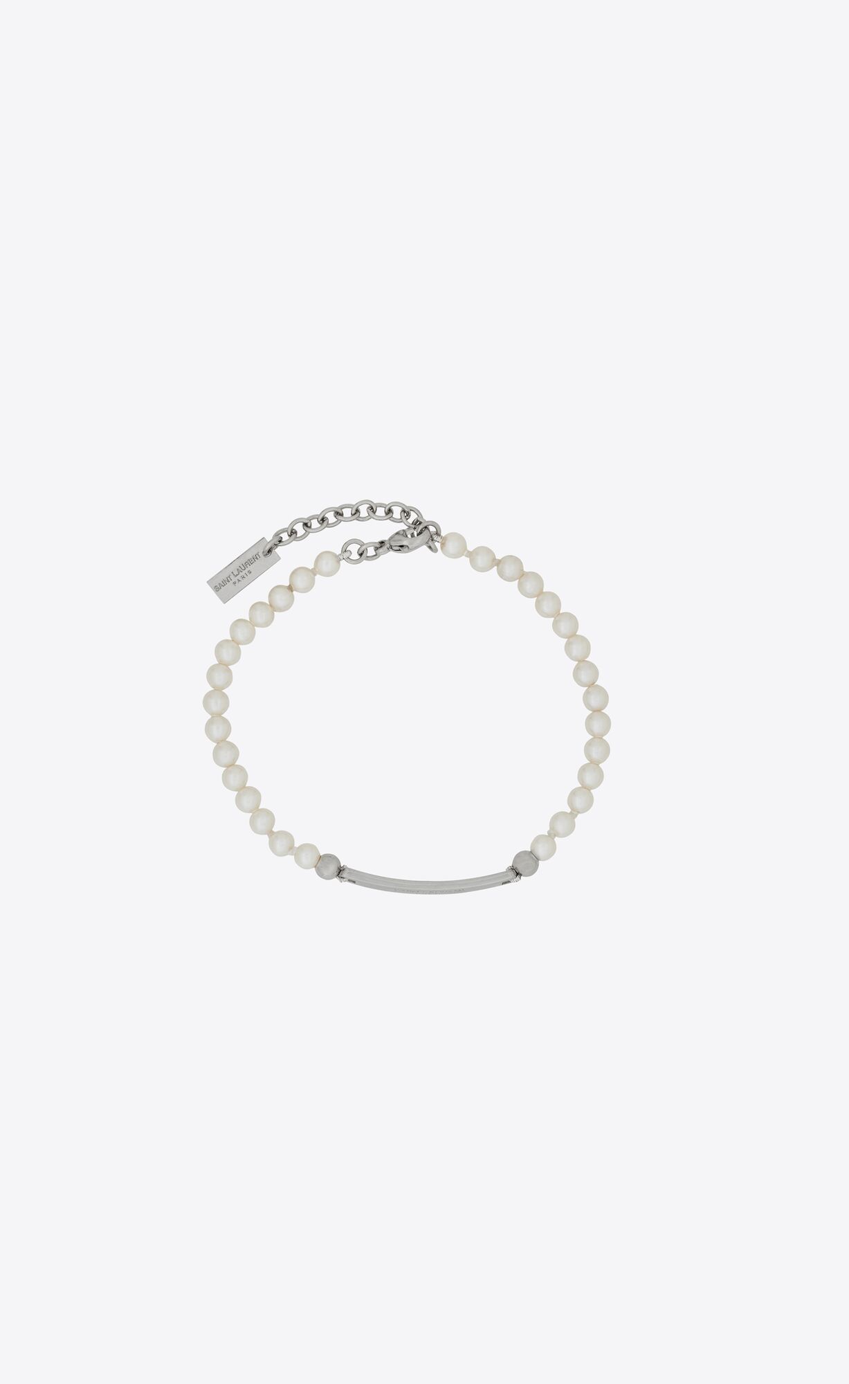 YSL Pearl Id Tag Bracelet In Metal Palladium And Cream | 1407856-LM