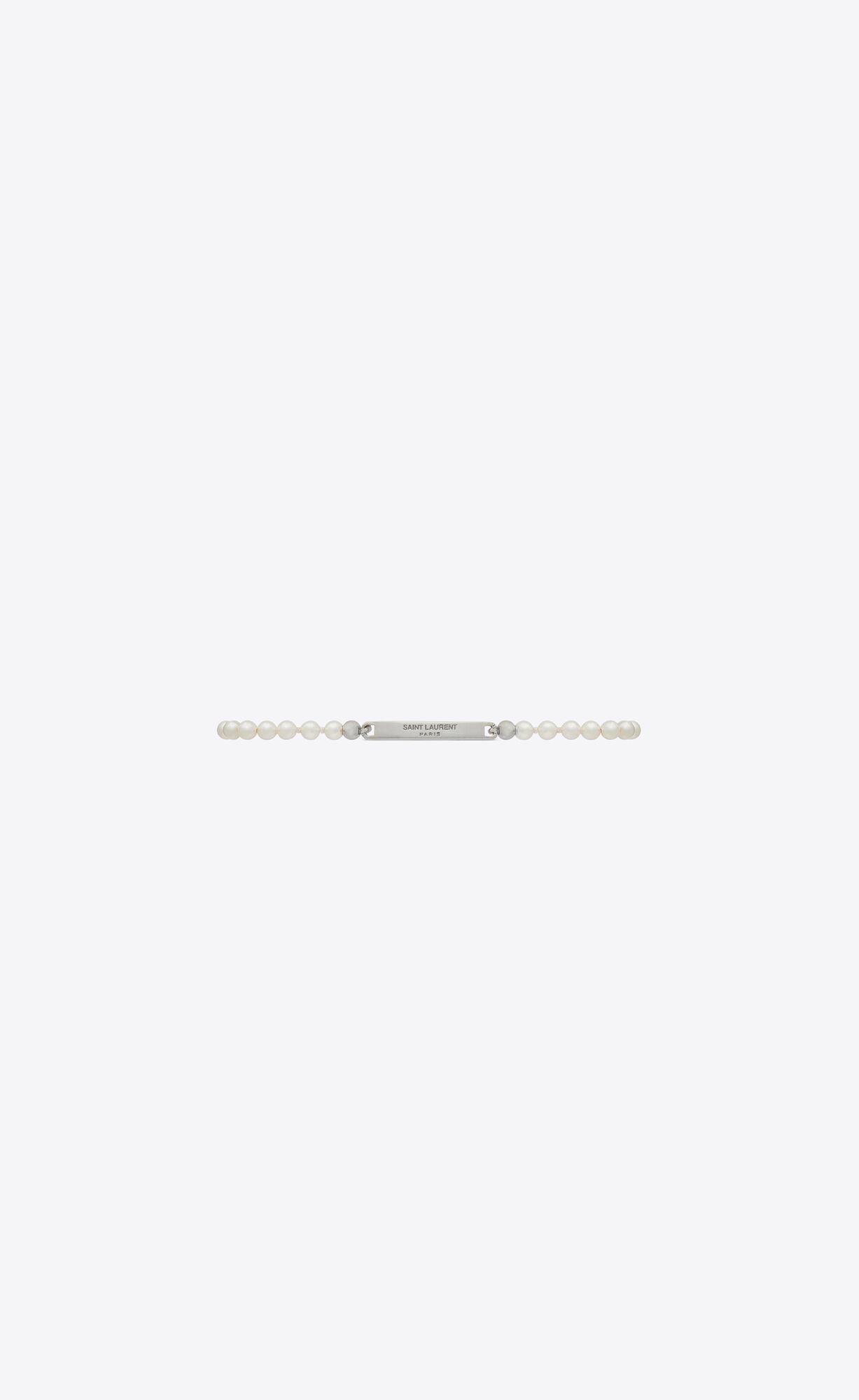 YSL Pearl Id Tag Bracelet In Metal Palladium And Cream | 1407856-LM