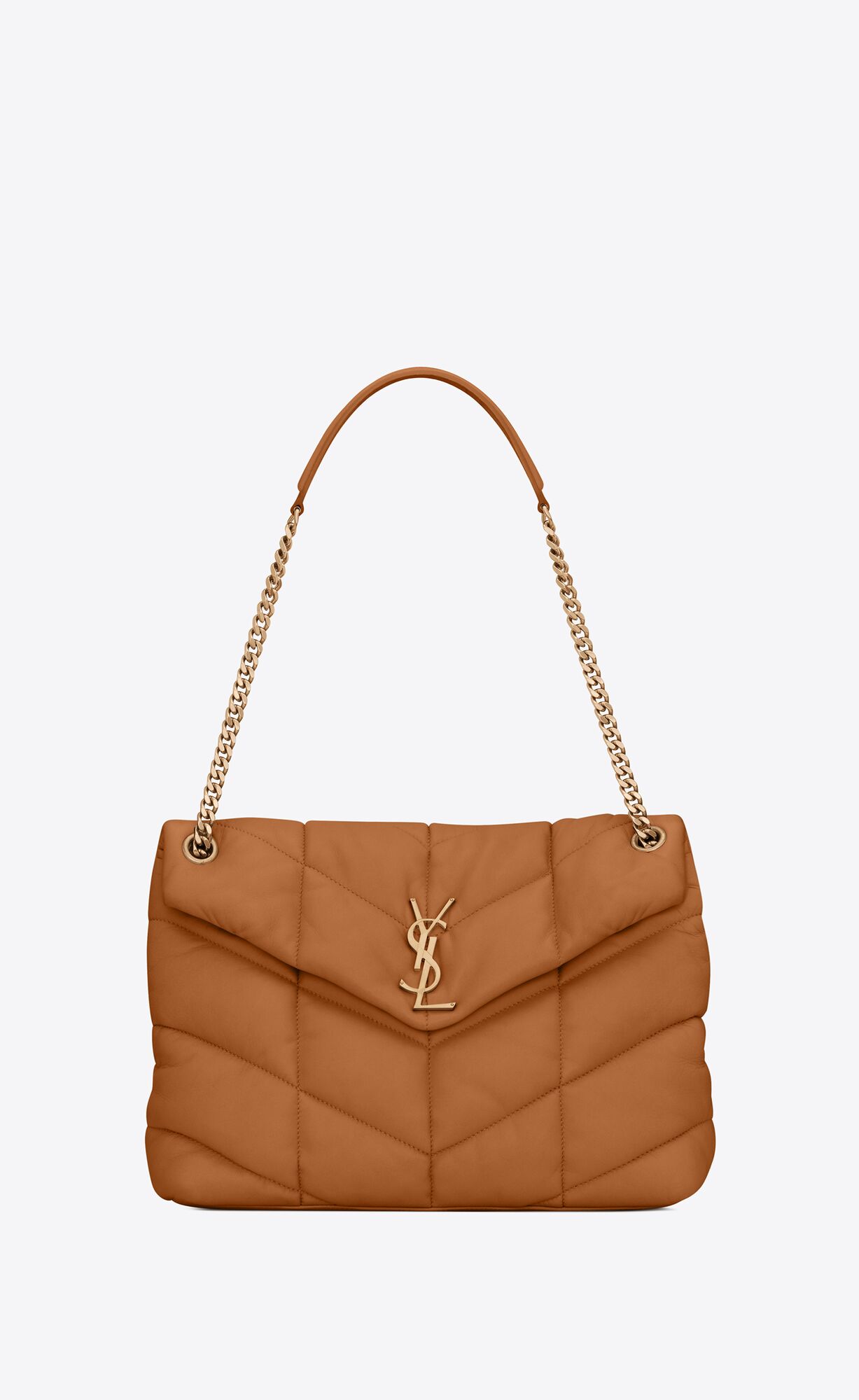 YSL Puffer Medium Chain Bag In Quilted Lambskin Dark Honey | 0479531-CS