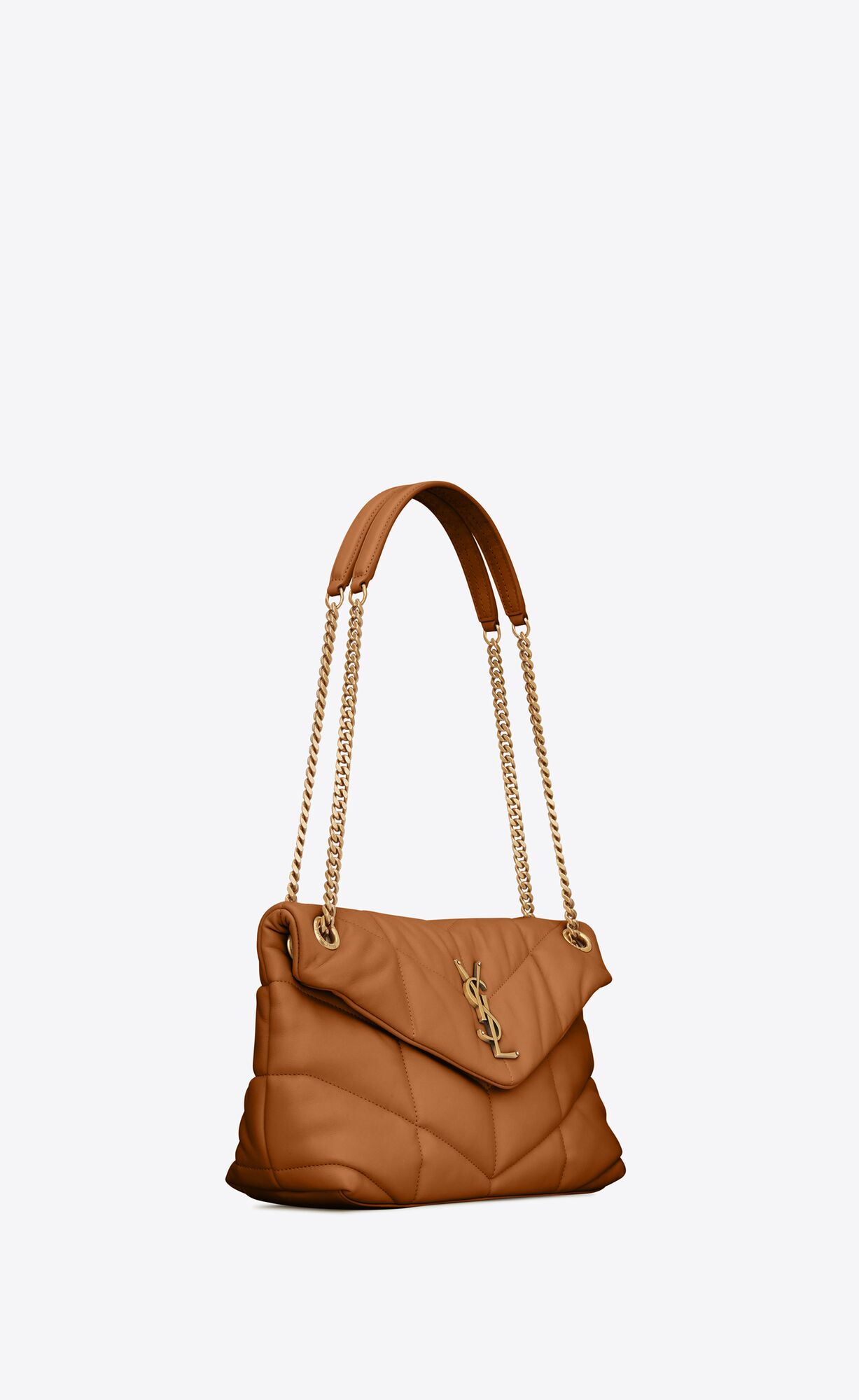 YSL Puffer Small Chain Bag In Quilted Lambskin Dark Honey | 0268713-GD