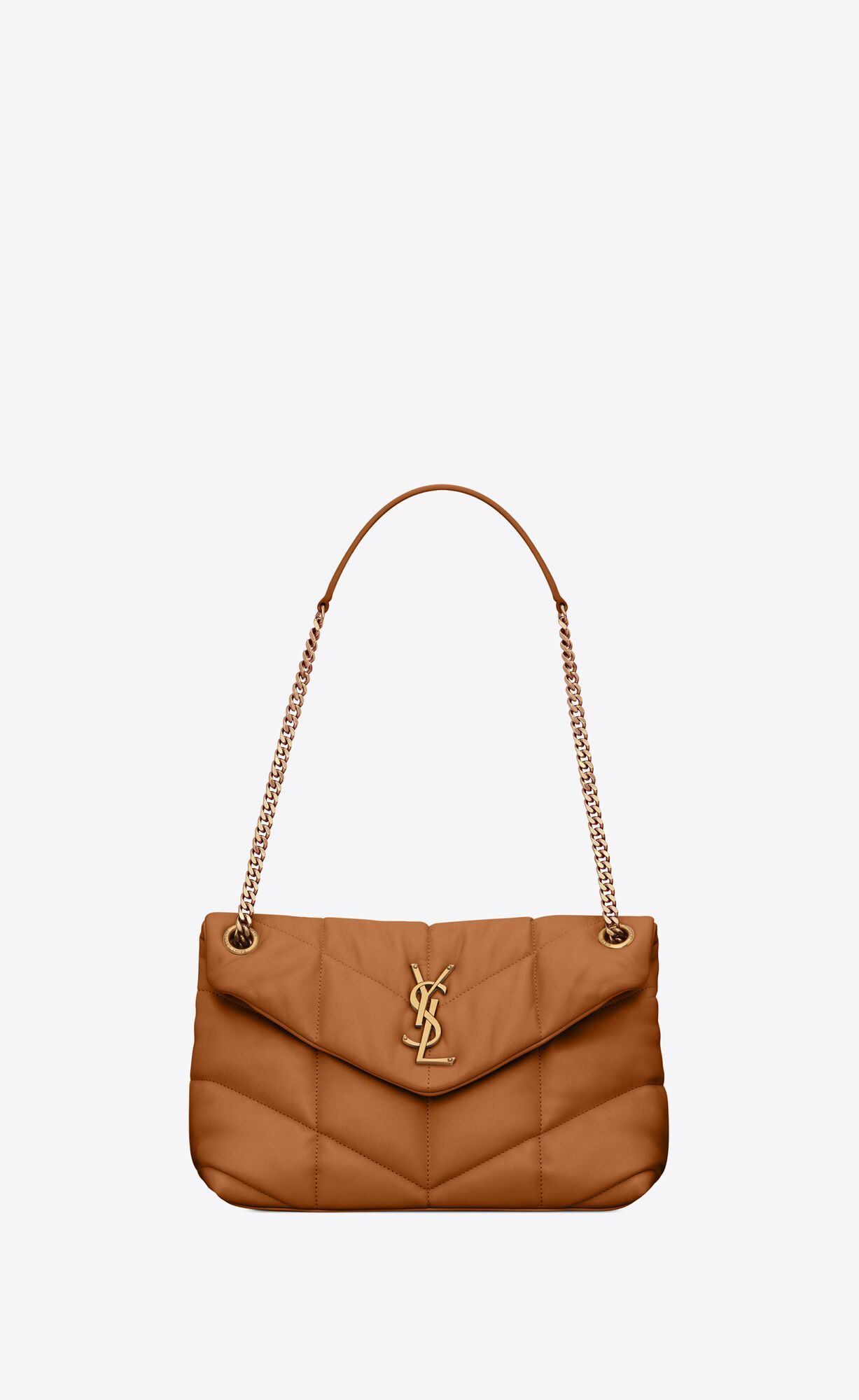 YSL Puffer Small Chain Bag In Quilted Lambskin Dark Honey | 0268713-GD