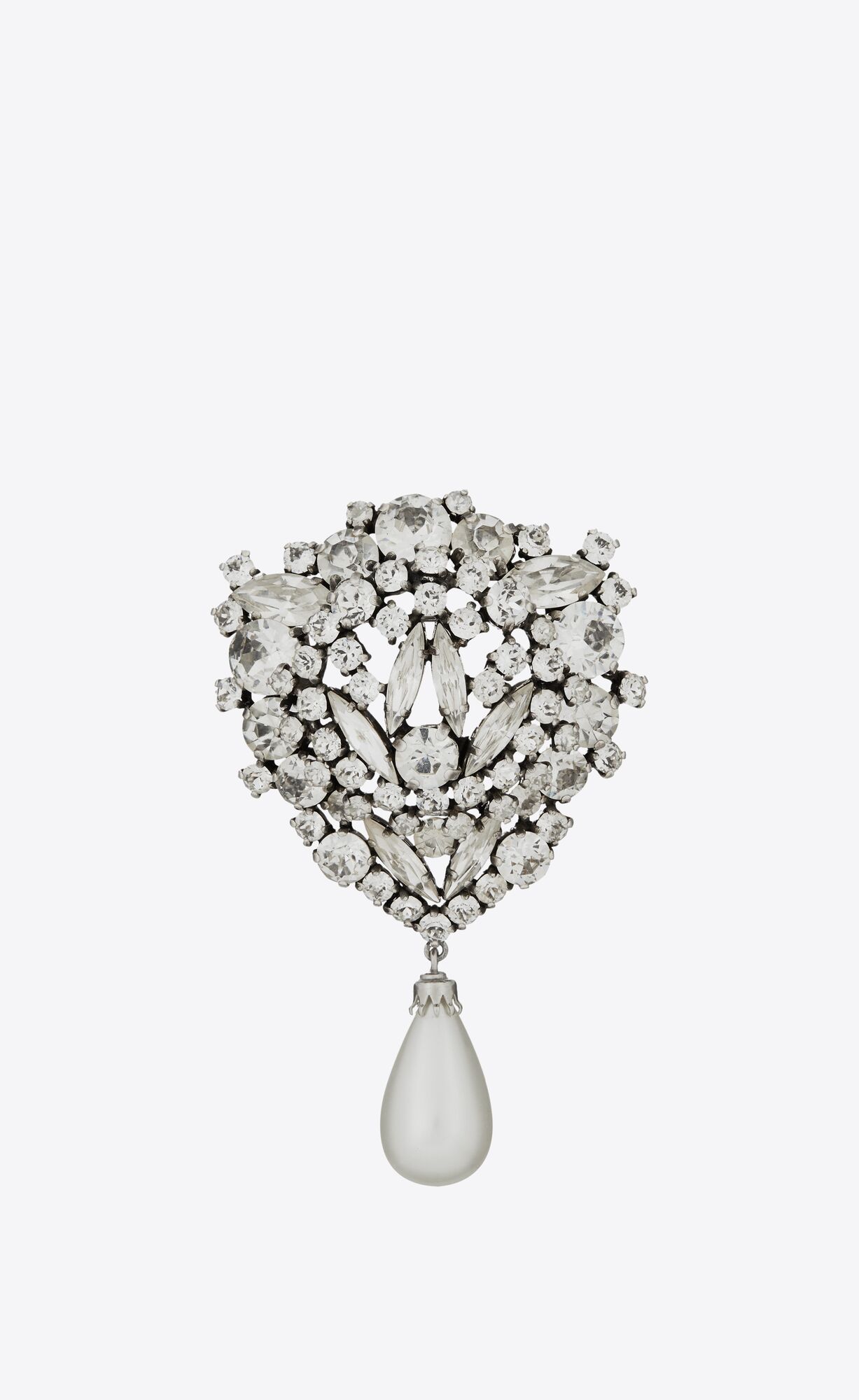 YSL Rhinestone And Pearl Shield Brooch In Metal Oxidized Silver And Cream | 7905438-XI