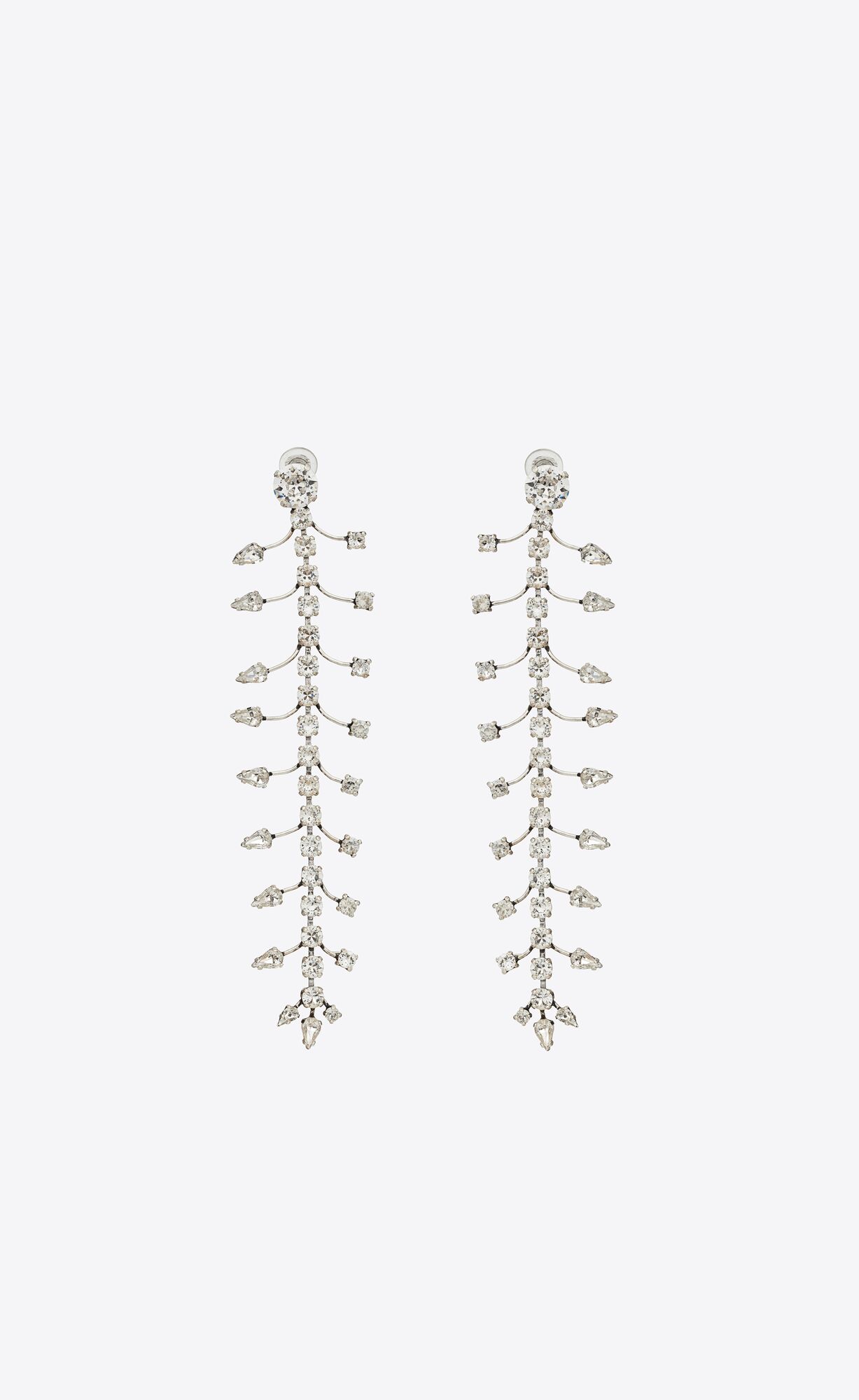 YSL Rhinestone Fish Bone Drop Earrings In Metal Oxidized Silver | 6108379-OP