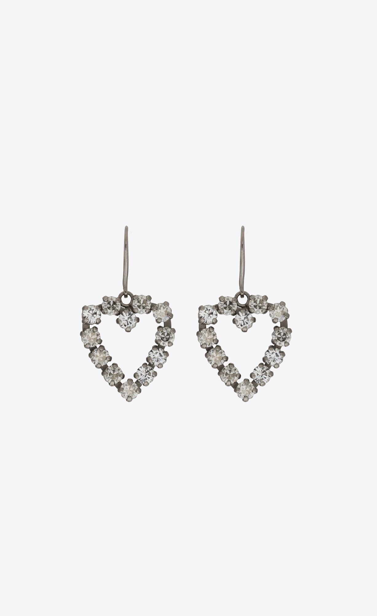 YSL Rhinestone Open Heart Earrings In Metal Oxidized Silver | 3412869-OW