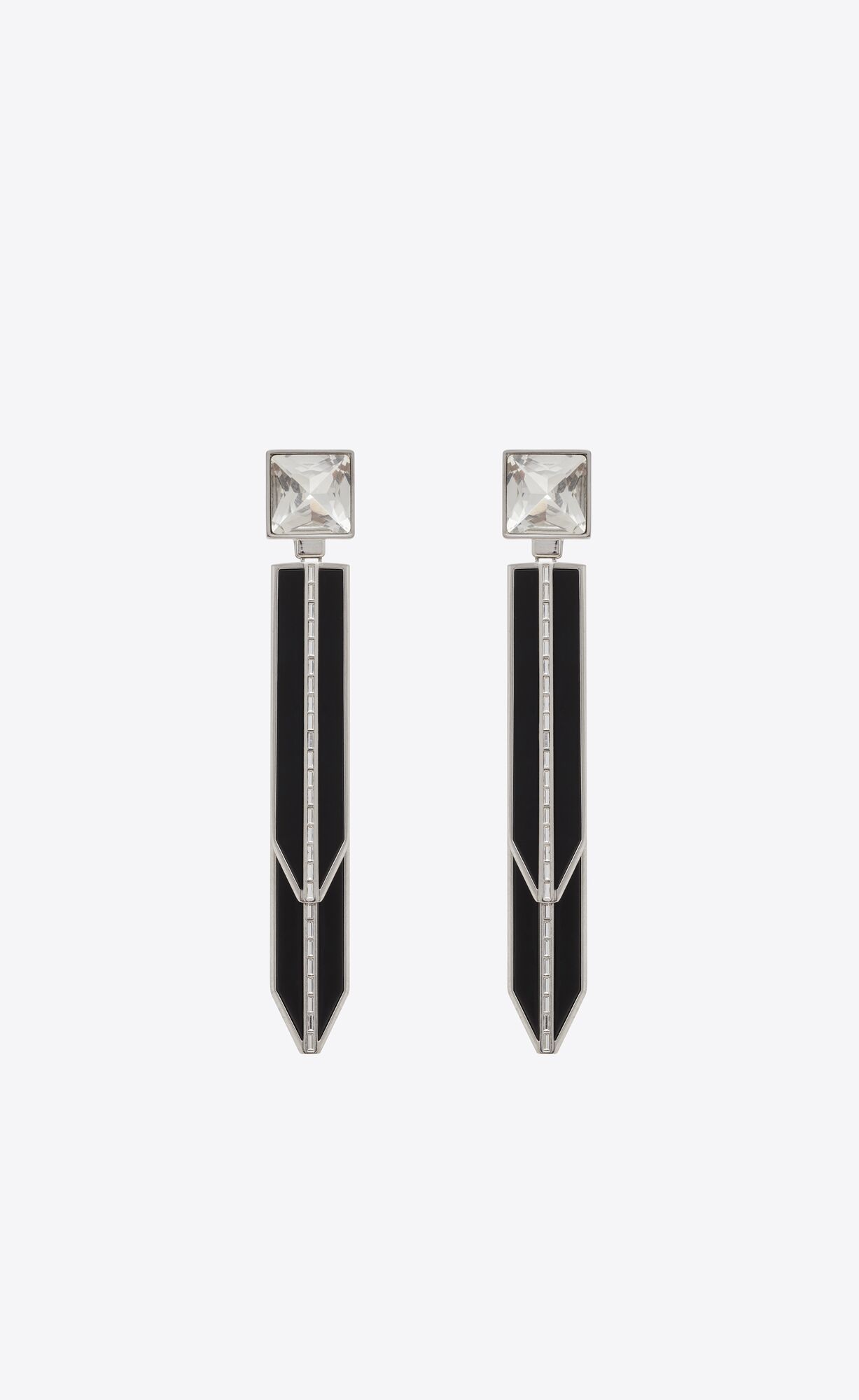 YSL Rhinestone Square And Spike Earrings In Metal And Resin Oxidised Silver And Black | 8654301-IF