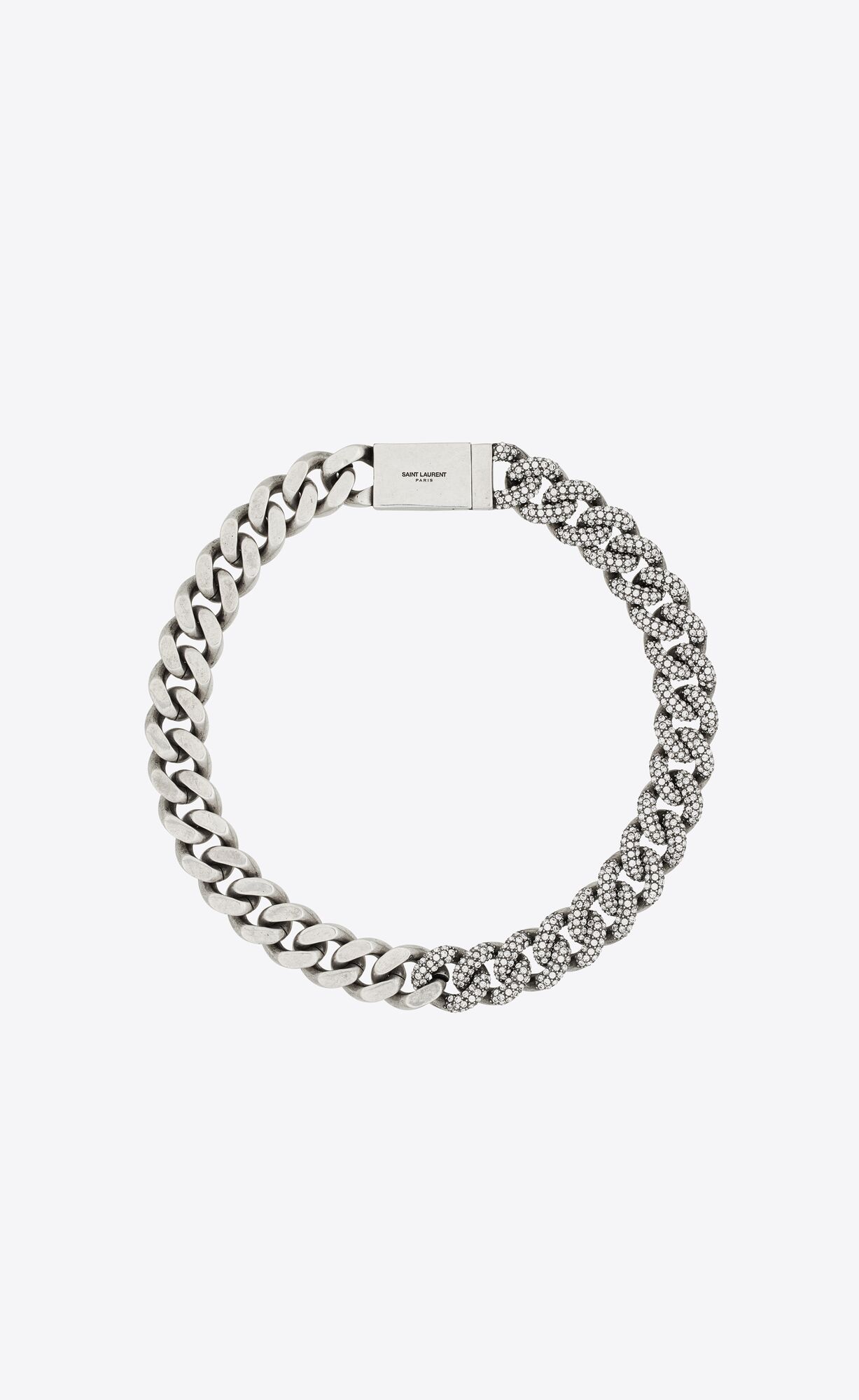 YSL Rhinestone Thick Curb Chain Necklace In Metal Oxidized Silver | 0879512-OI