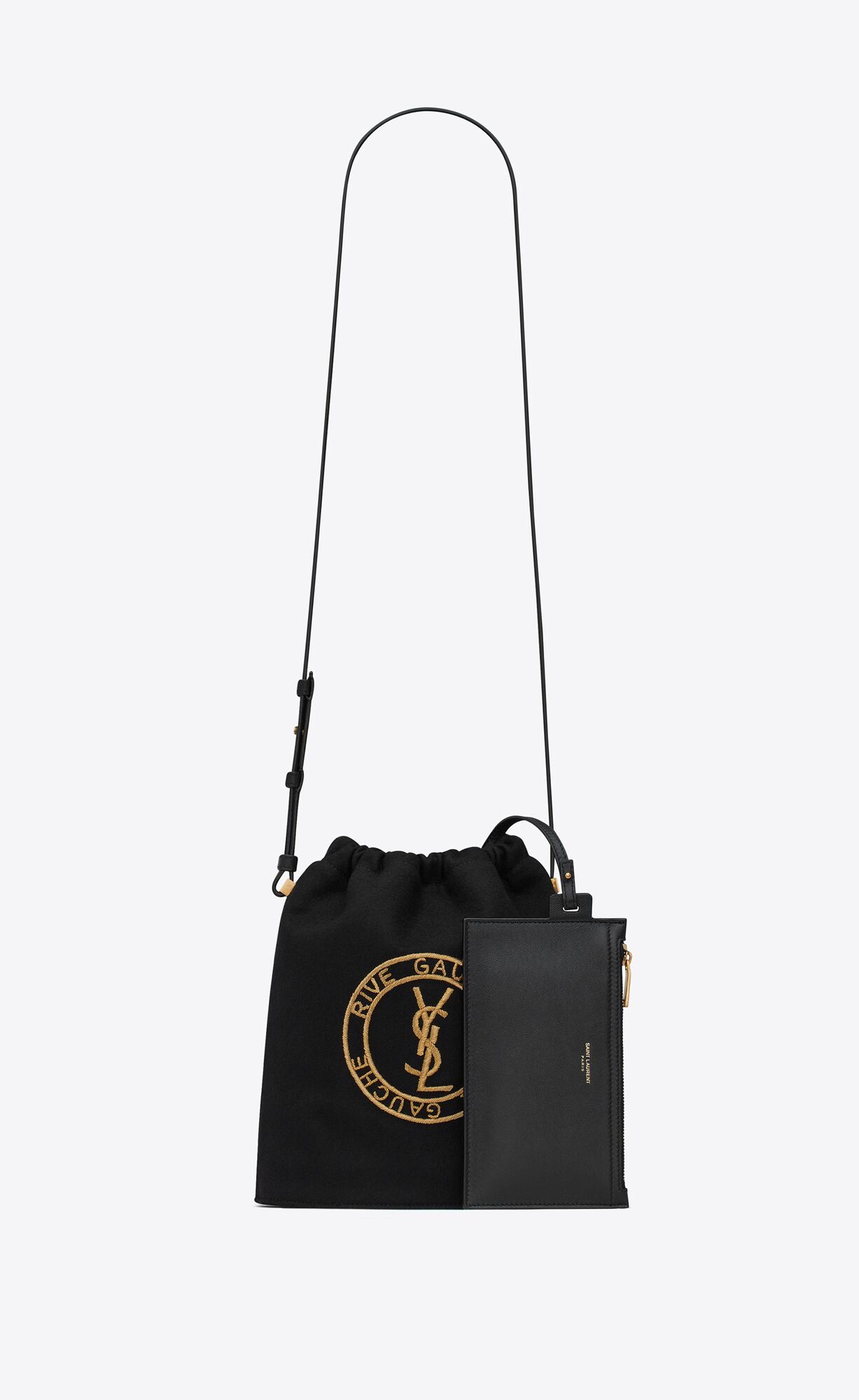 YSL Rive Gauche Laced Bucket Bag In Embroidered Felt And Smooth Leather Black And Gold | 5109632-EM