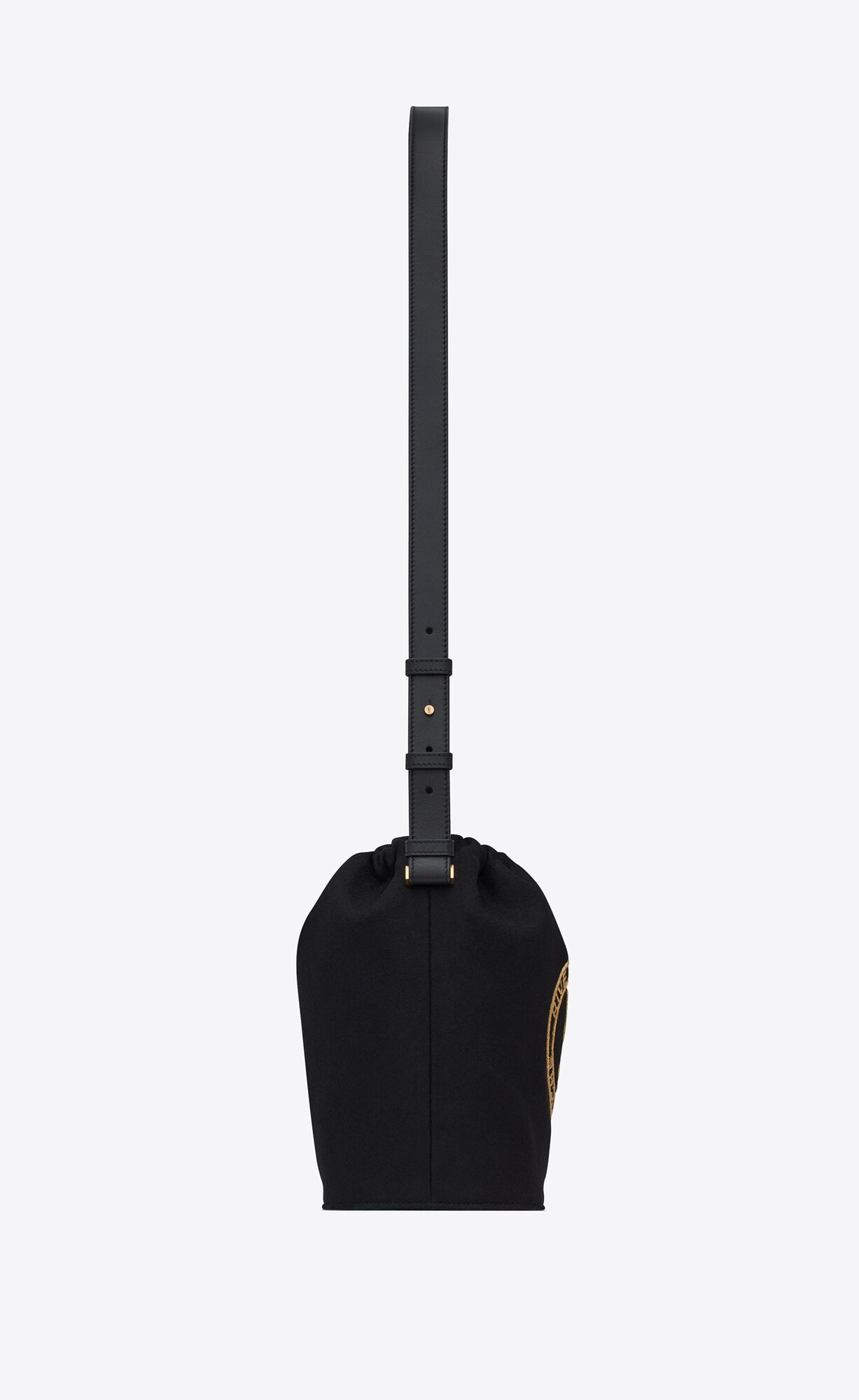 YSL Rive Gauche Laced Bucket Bag In Embroidered Felt And Smooth Leather Black And Gold | 5109632-EM