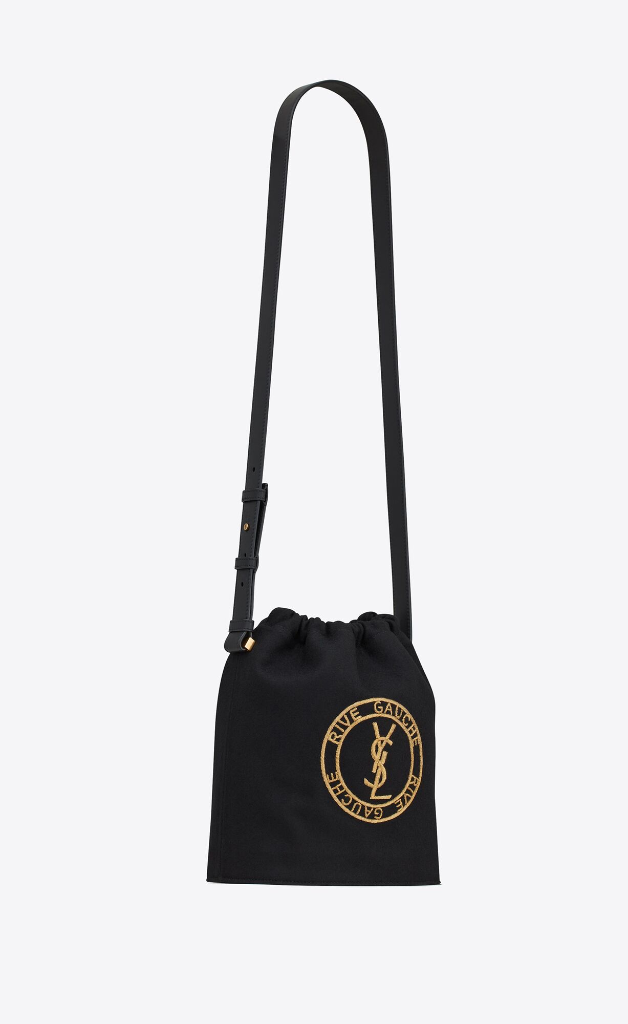 YSL Rive Gauche Laced Bucket Bag In Embroidered Felt And Smooth Leather Black And Gold | 5109632-EM