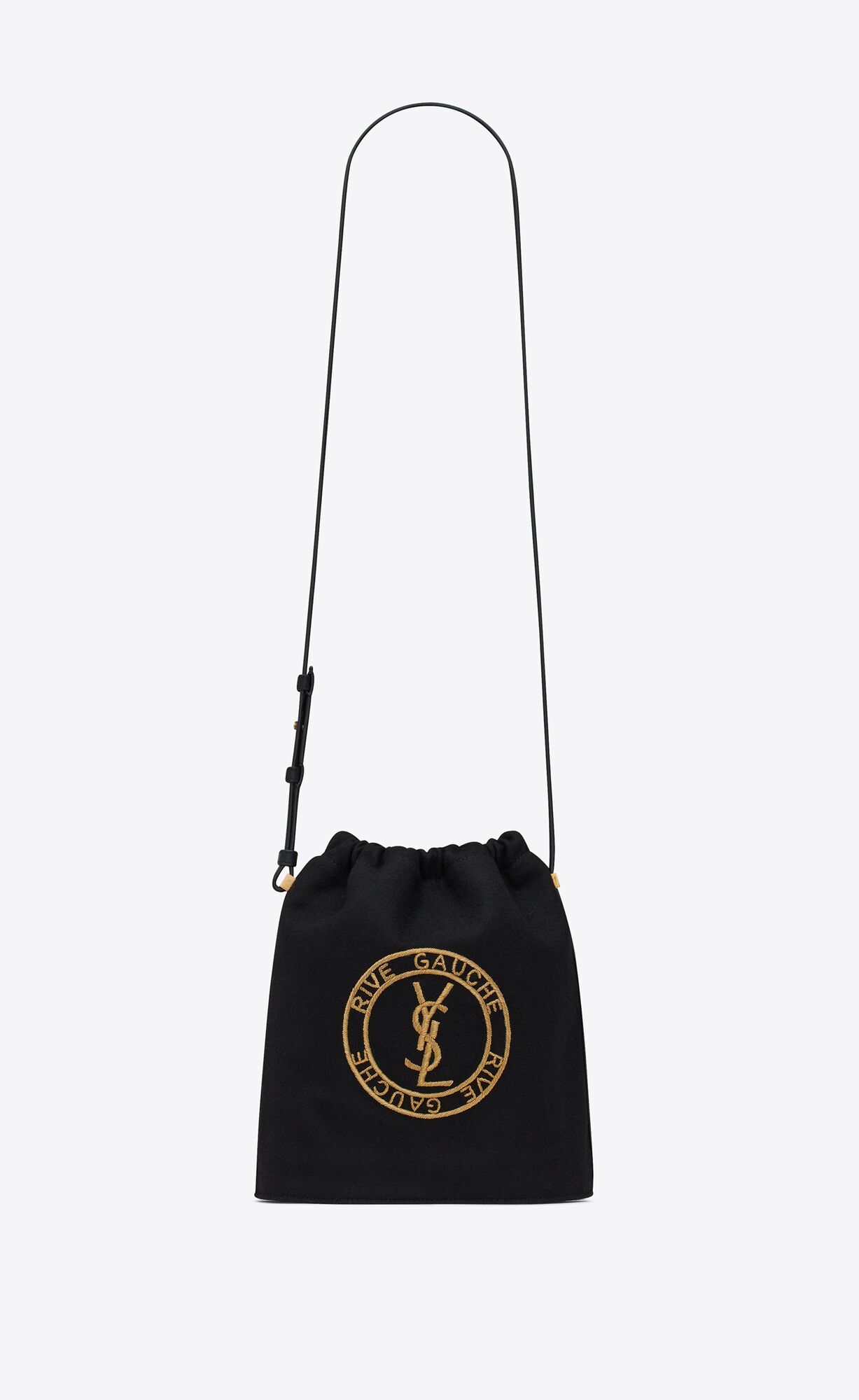 YSL Rive Gauche Laced Bucket Bag In Embroidered Felt And Smooth Leather Black And Gold | 5109632-EM