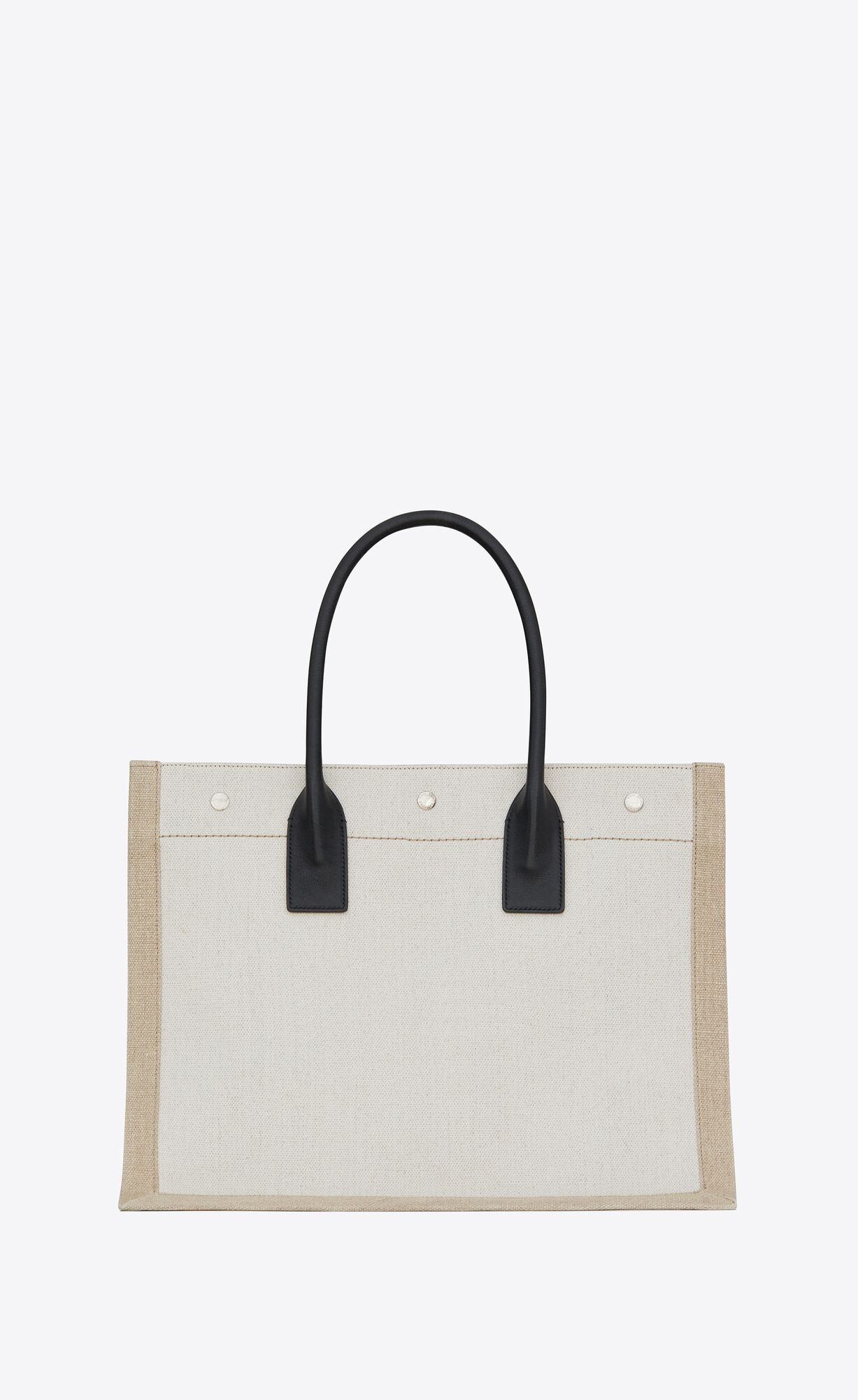 YSL Rive Gauche Small Tote Bag In Linen And Leather Greige / Black + Natural + Black | 4529617-NO