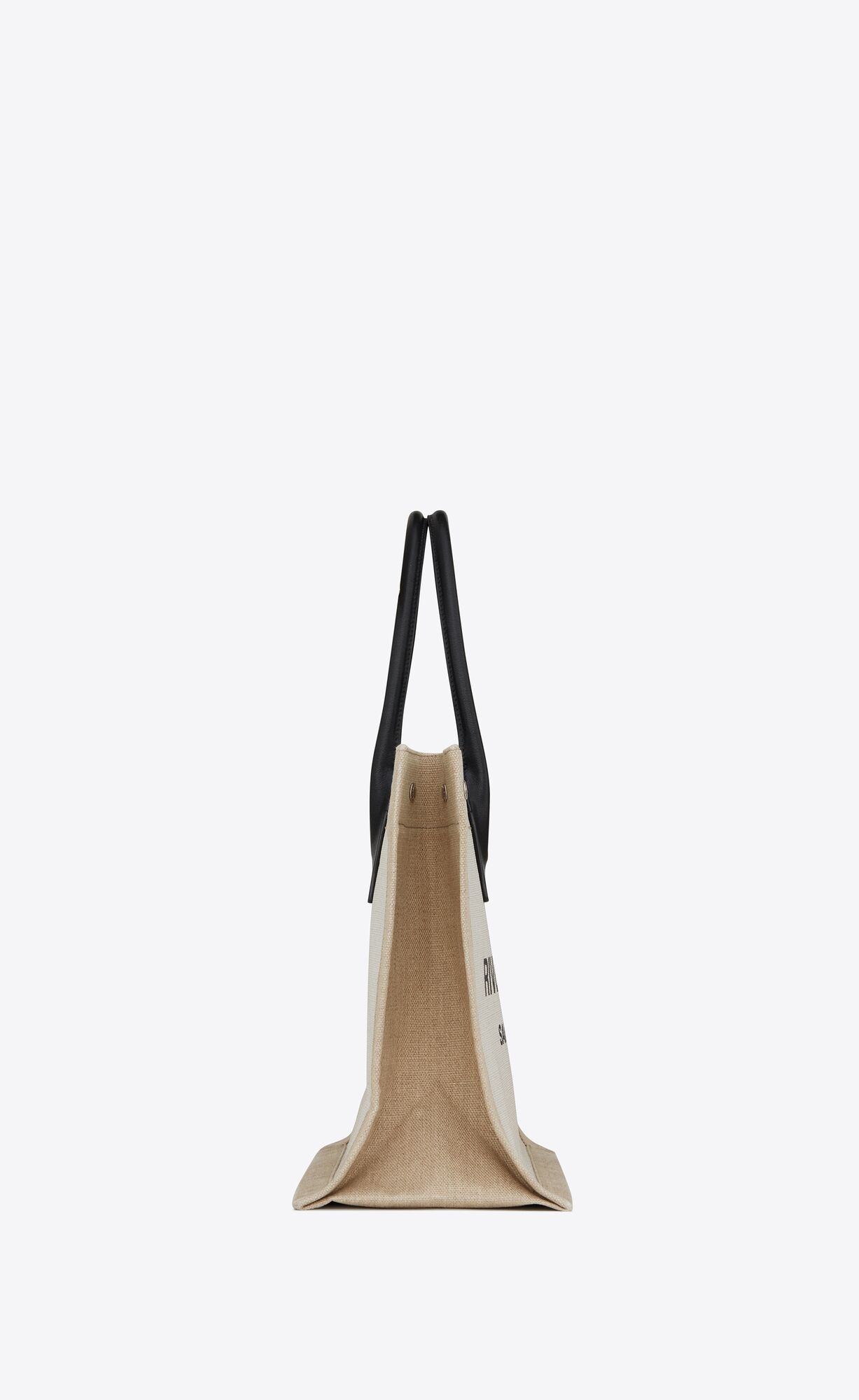 YSL Rive Gauche Small Tote Bag In Linen And Leather Greige / Black + Natural + Black | 4529617-NO