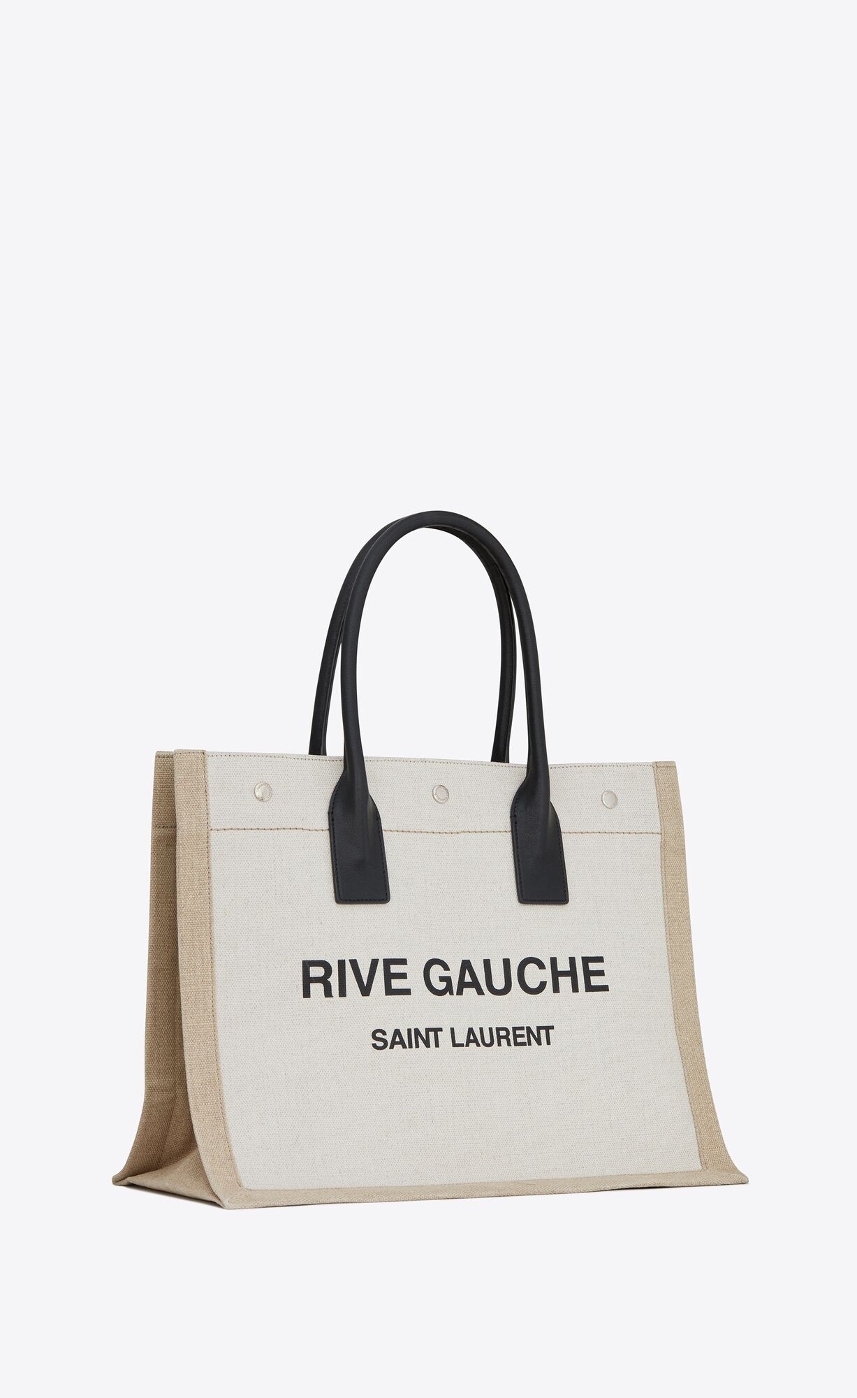 YSL Rive Gauche Small Tote Bag In Linen And Leather Greige / Black + Natural + Black | 4529617-NO