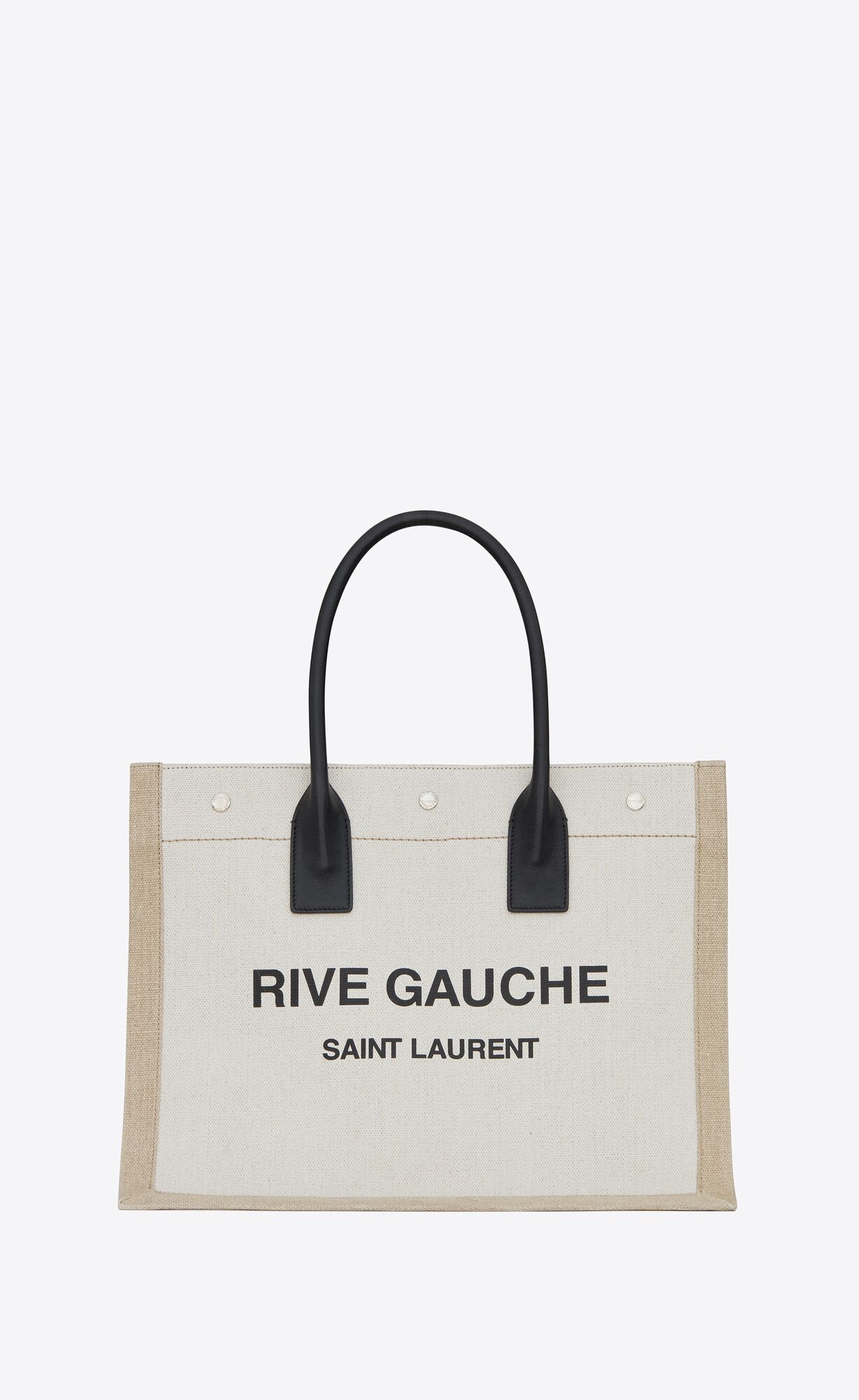 YSL Rive Gauche Small Tote Bag In Linen And Leather Greige / Black + Natural + Black | 4529617-NO