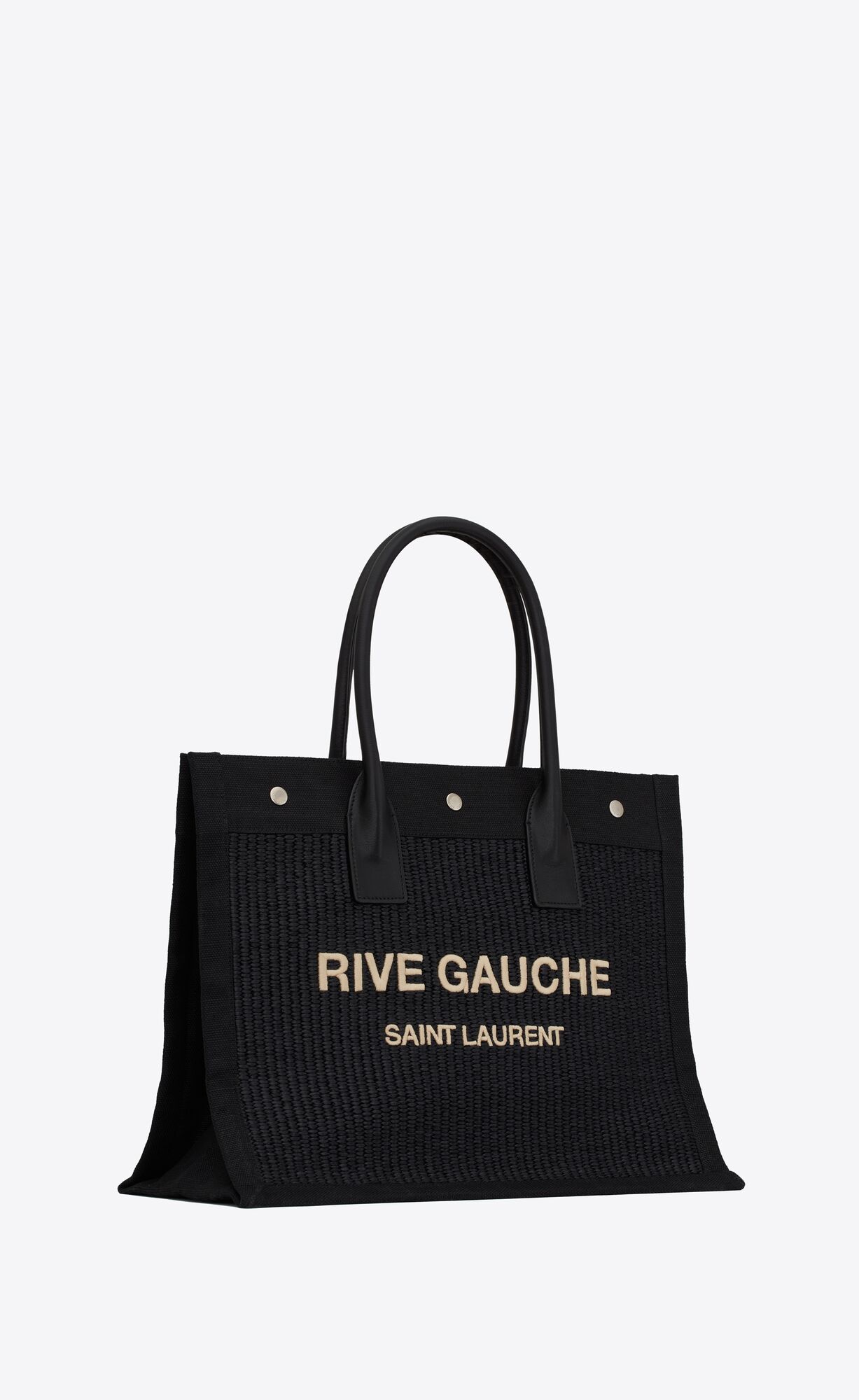 YSL Rive Gauche Small Tote Bag In Raffia And Leather Black | 4590738-QZ
