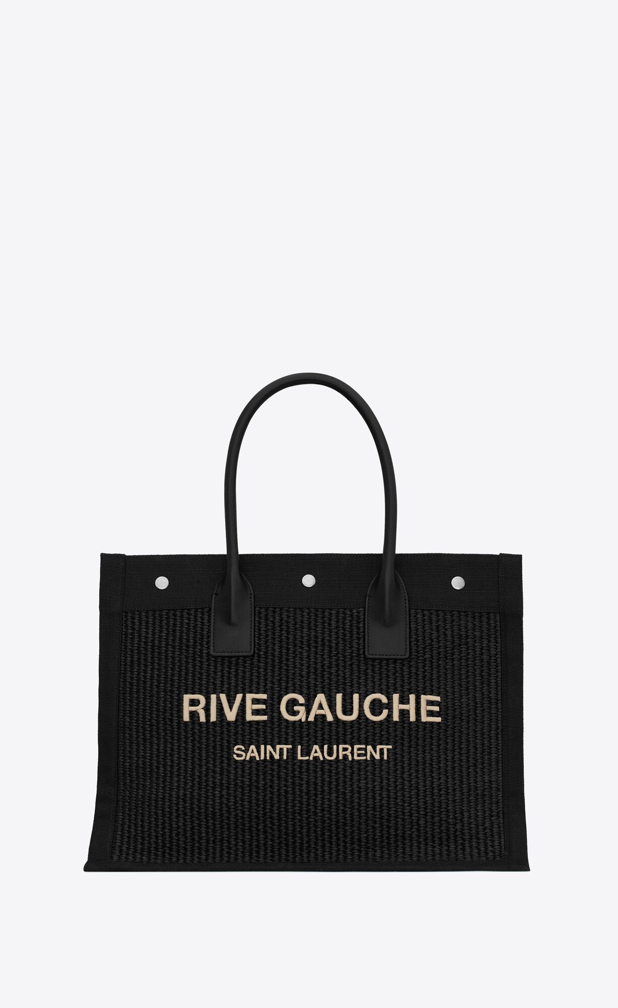 YSL Rive Gauche Small Tote Bag In Raffia And Leather Black | 4590738-QZ