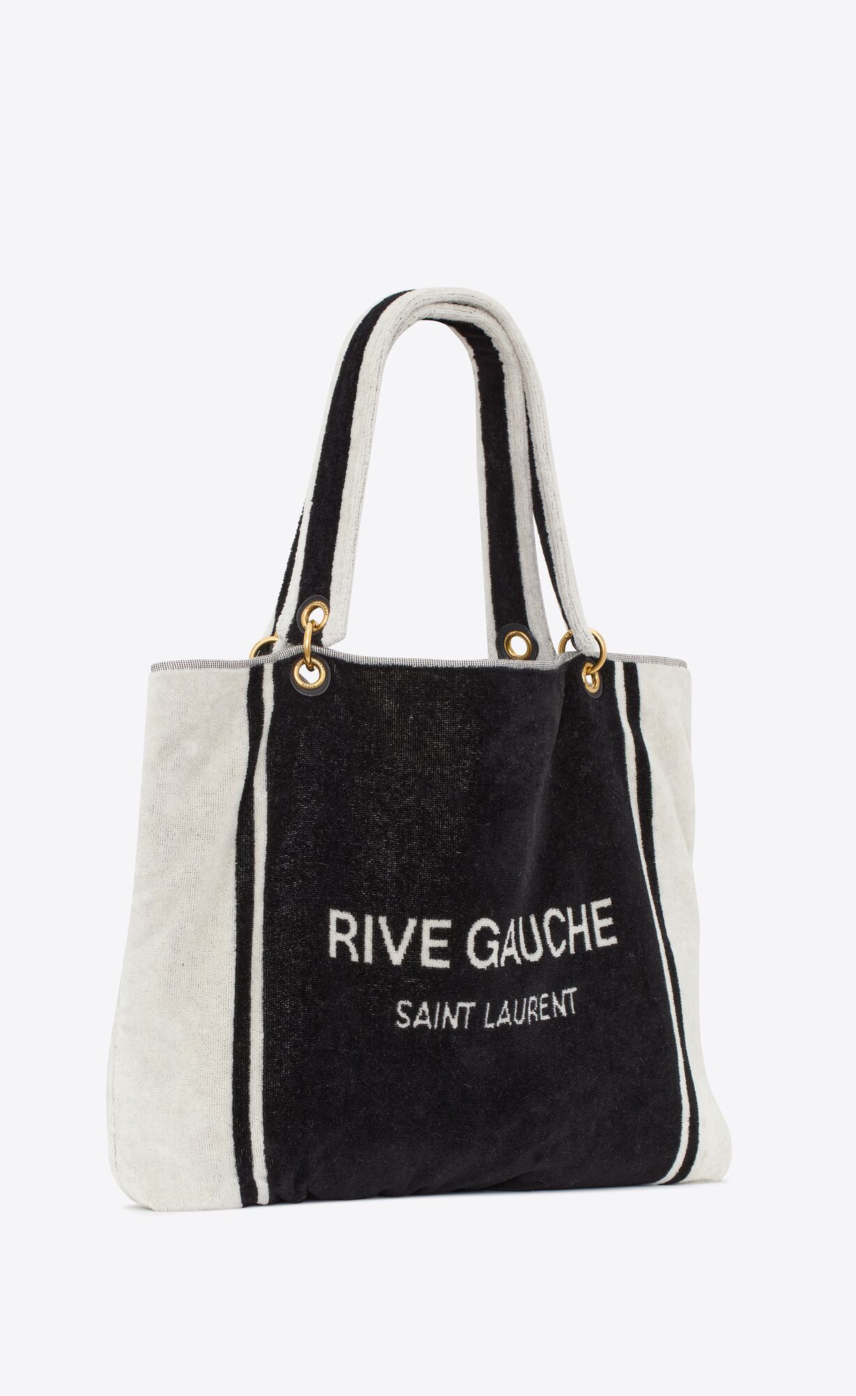 YSL Rive Gauche Towel Tote Bag In Terry Cloth Black And White | 6845310-GY