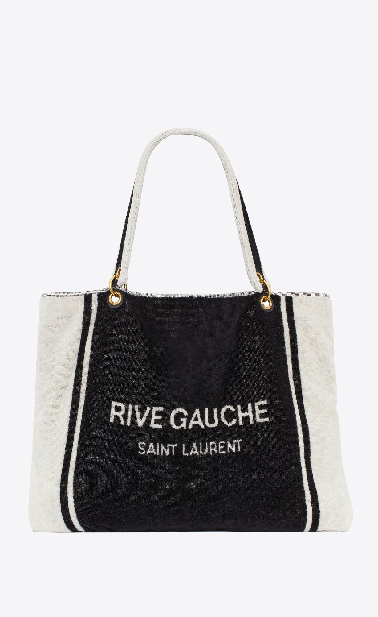 YSL Rive Gauche Towel Tote Bag In Terry Cloth Black And White | 6845310-GY