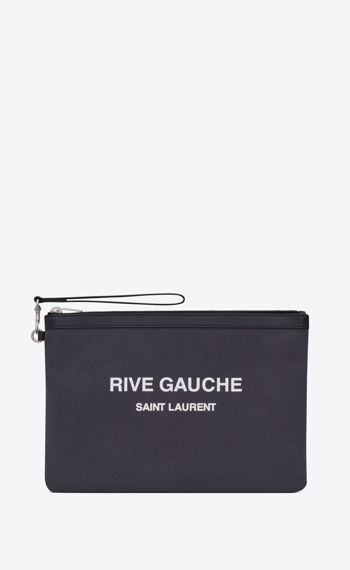 YSL Rive Gauche Zipped Pouch In Canvas And Leather Storm And Black | 2518304-ZB