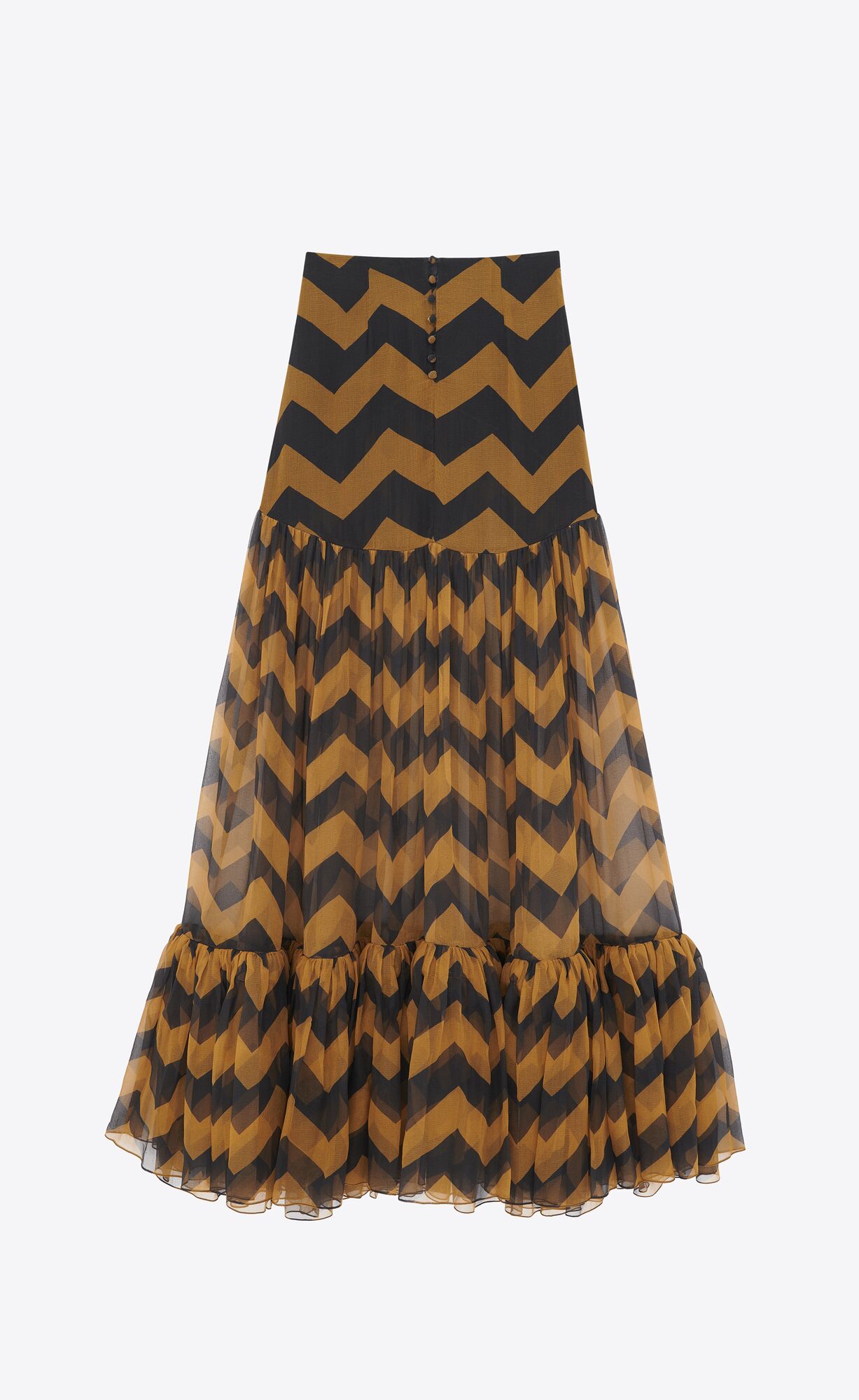 YSL Ruffled Long Skirt In Chevron Silk Paille Et Noir | 1289046-KJ