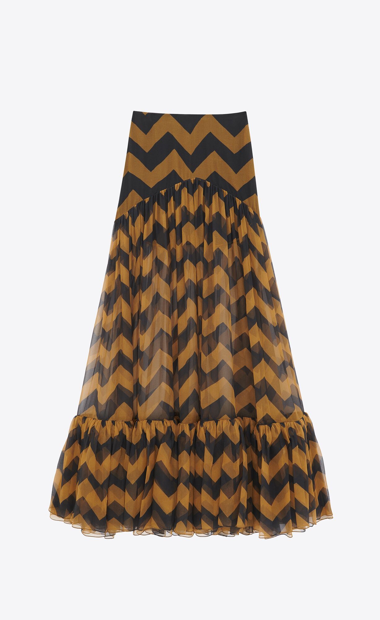 YSL Ruffled Long Skirt In Chevron Silk Paille Et Noir | 1289046-KJ