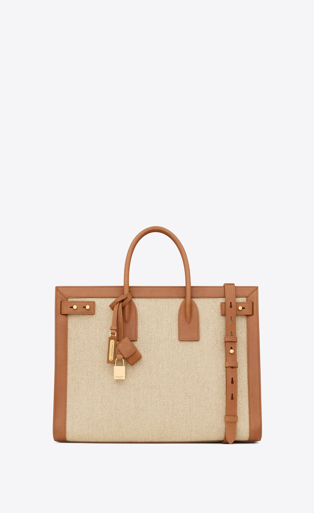 YSL Sac De Jour Thin Large In Linen And Vegetable-tanned Leather Natural And Brick | 9037814-LA