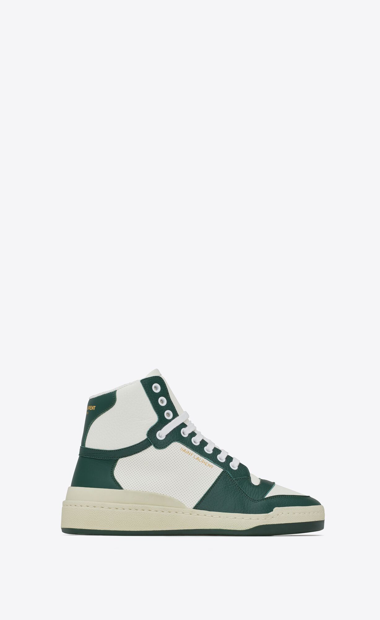 YSL Sl/24 Mid-top Sneakers In Smooth And Perforated Leather White And Dark Green | 1302489-FI
