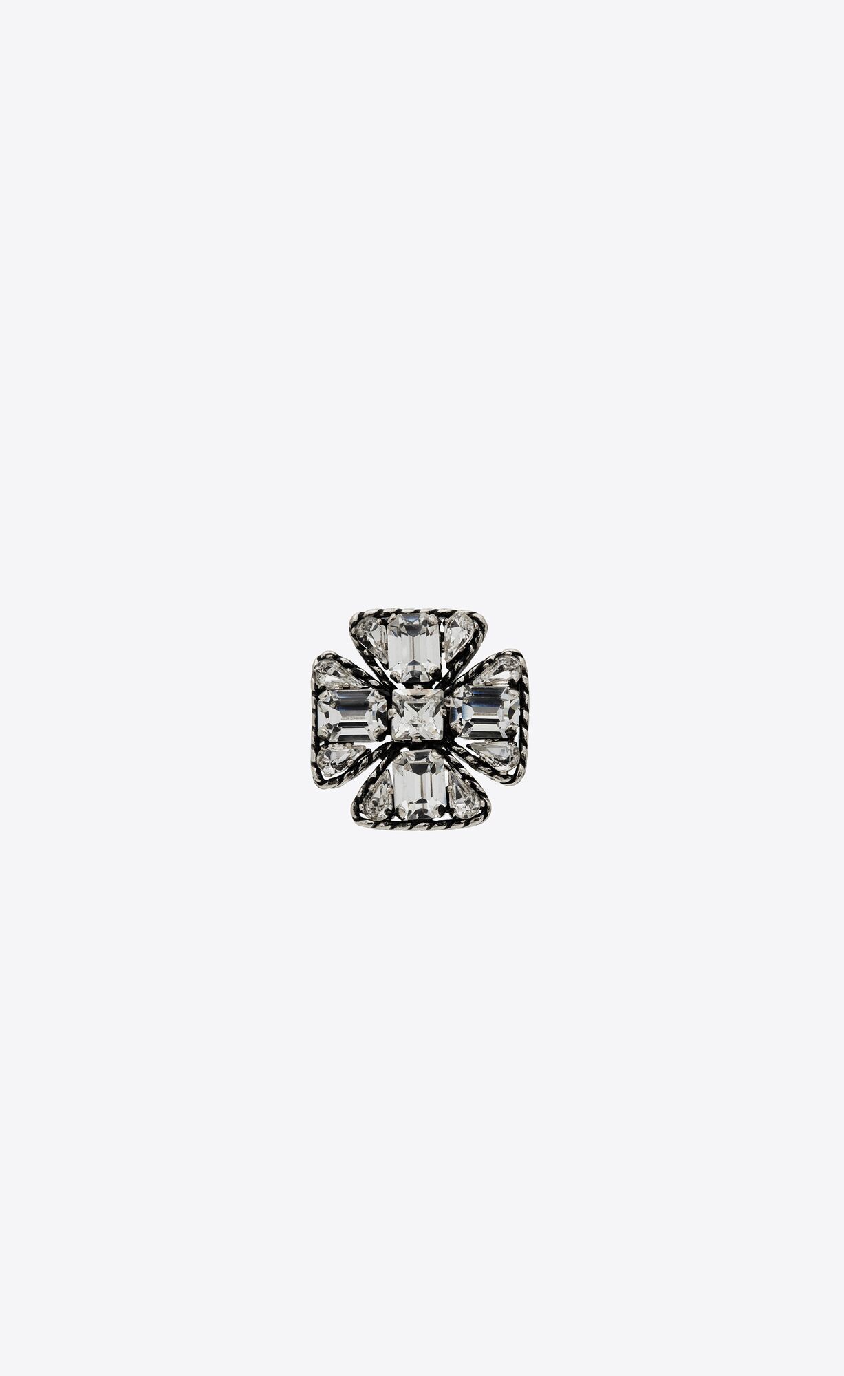 YSL Small Rhinestone Cross Brooch In Metal Oxidized Silver | 9720563-YE