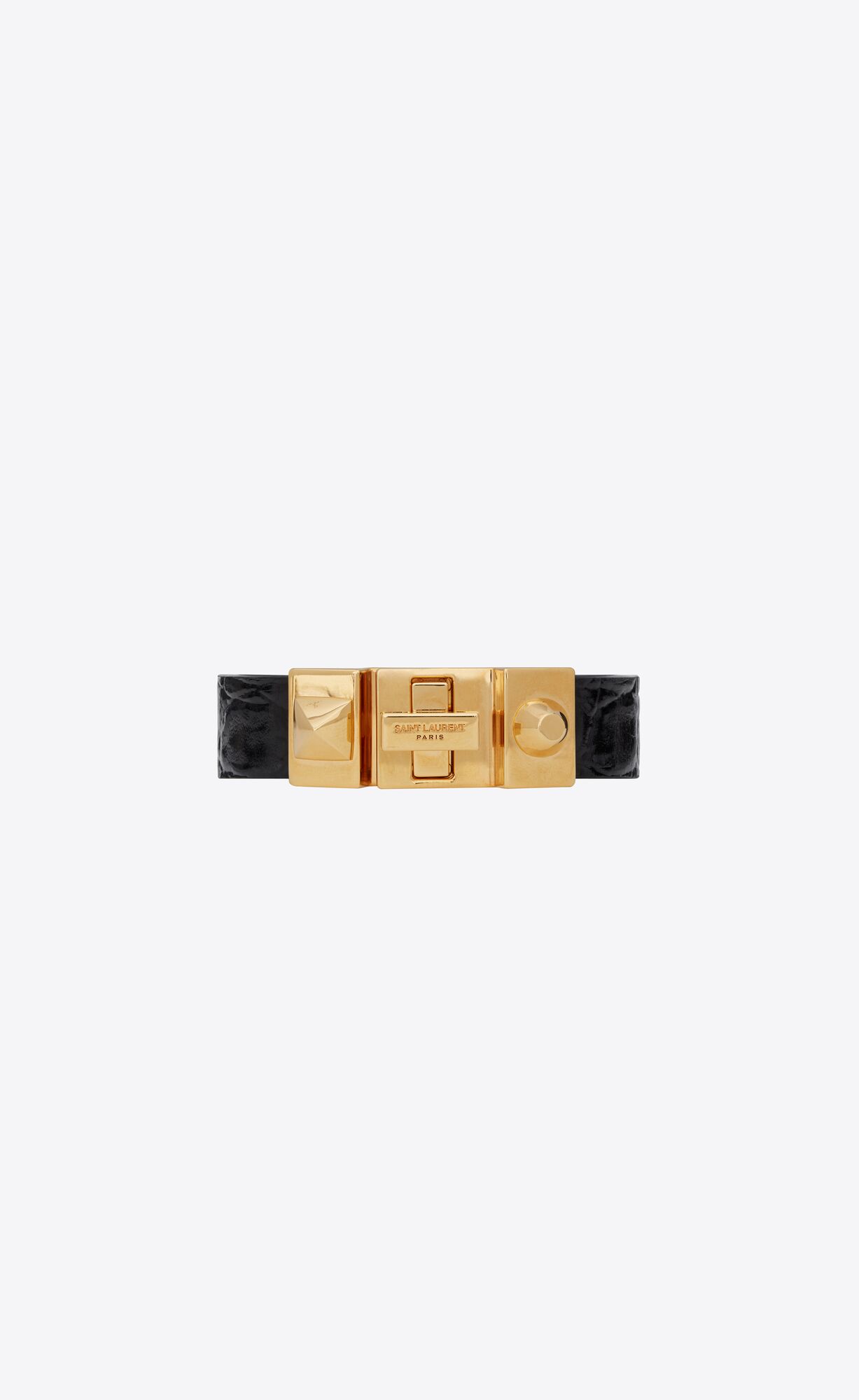 YSL Studded Closure Bracelet In Crocodile-embossed Leather And Metal Black And Antique Gold | 0142859-QO