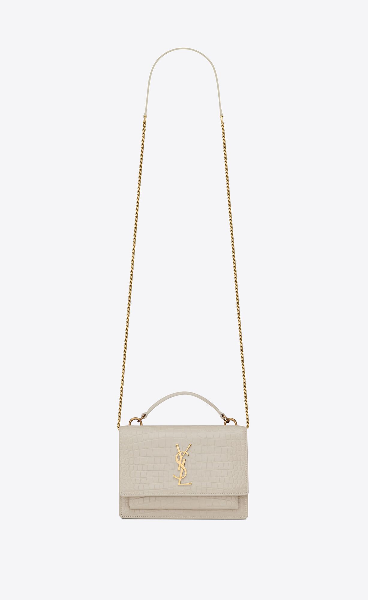 YSL Sunset Chain Wallet In Crocodile-embossed Shiny Leather Blanc Vintage | 2975631-HE