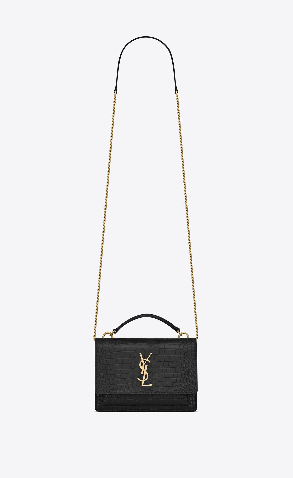YSL Sunset Chain Wallet In Crocodile-embossed Shiny Leather Noir | 5076382-VD