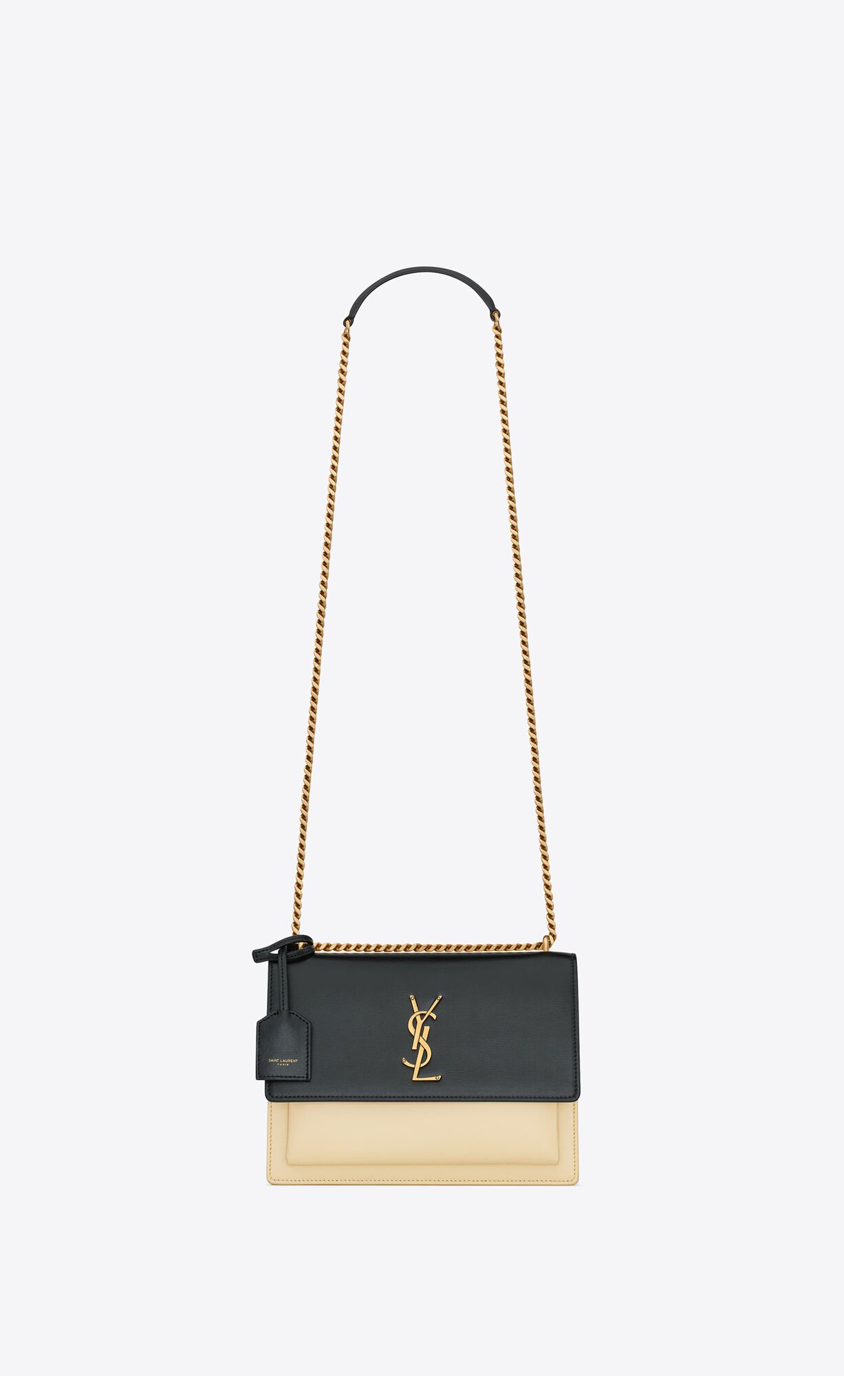 YSL Sunset Medium Chain Bag In Smooth Leather Black And Off White | 7605483-WO