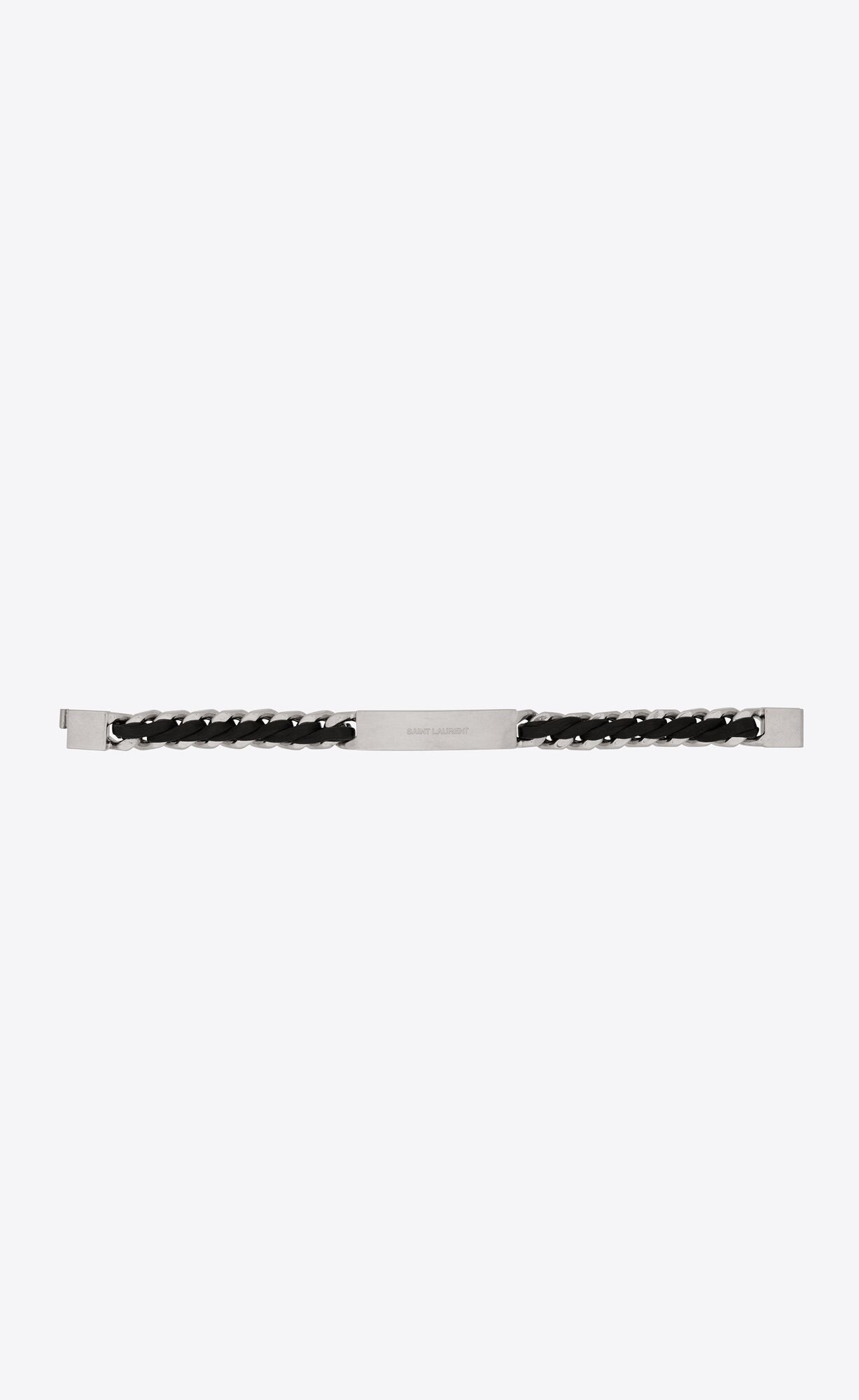 YSL Tag Curb Chain Bracelet In Leather And Metal Black And Oxidized Nickel | 4123709-HW