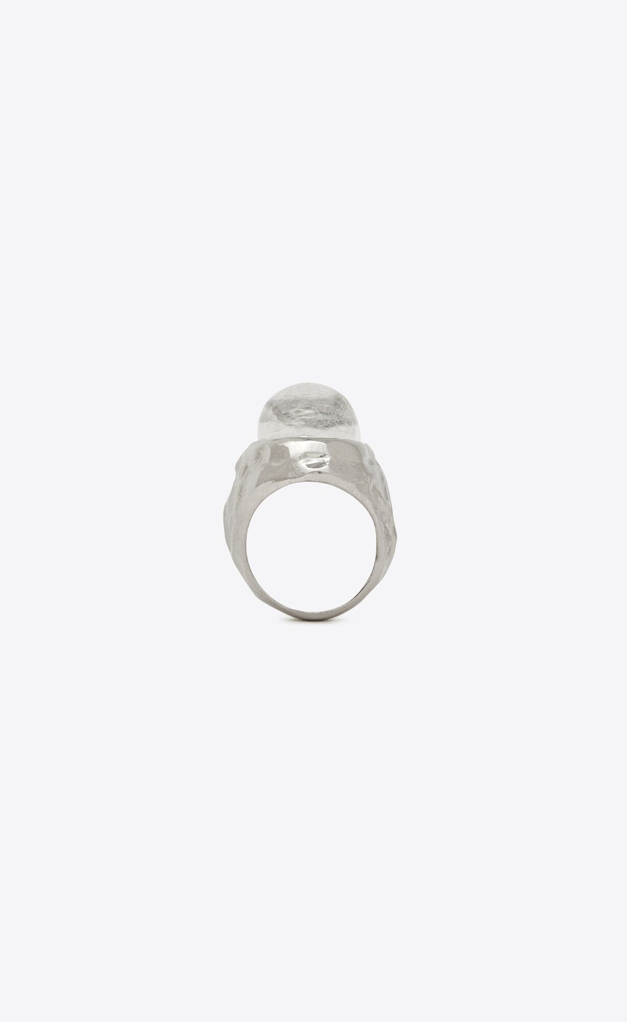 YSL Textured Oval Cabochon Ring In Metal And Rock Crystal Oxidized Silver And Crystal | 1374605-YC