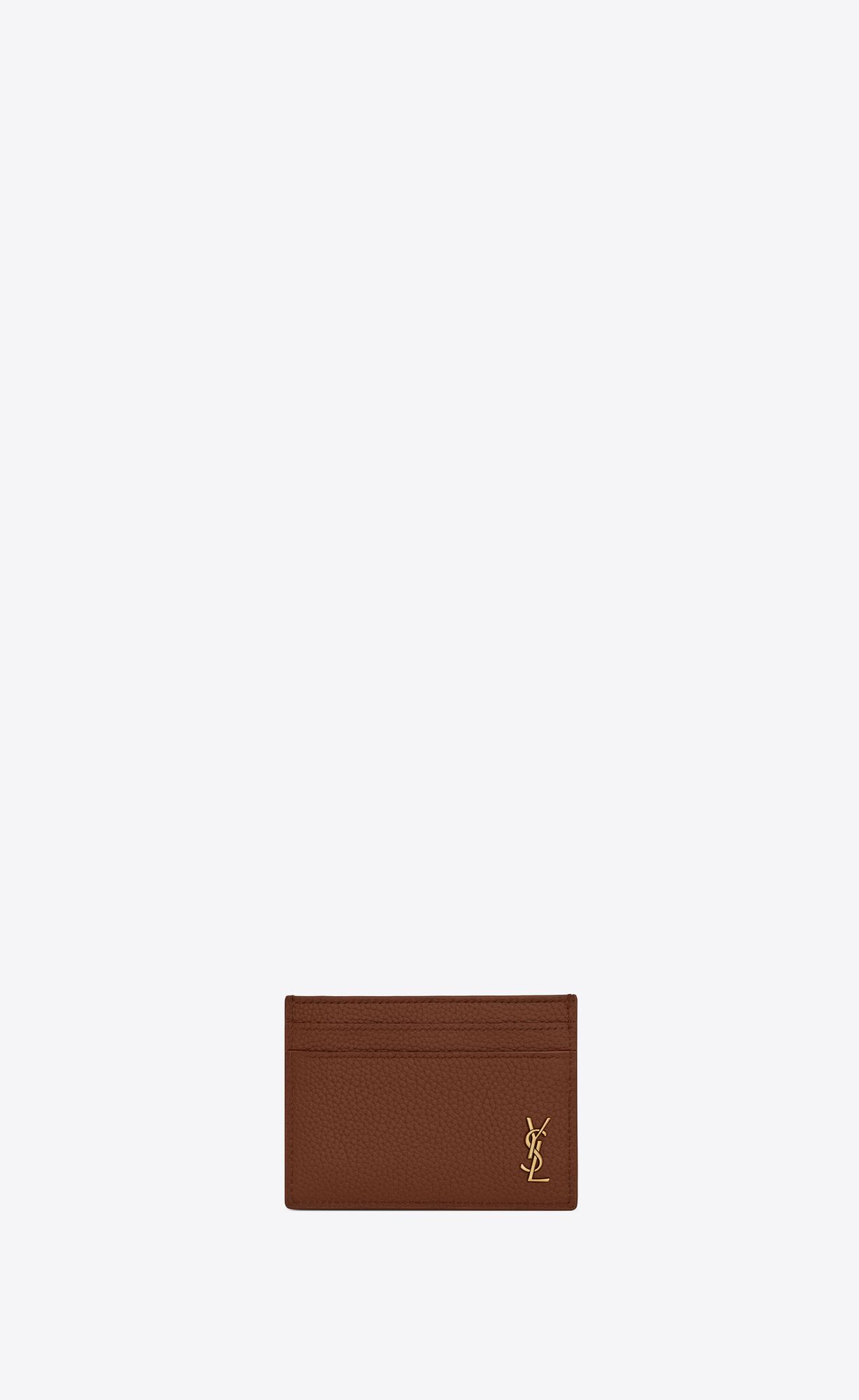 YSL Tiny Cassandre Credit Card Case In Grained Leather Toasted Brown | 7391046-DL