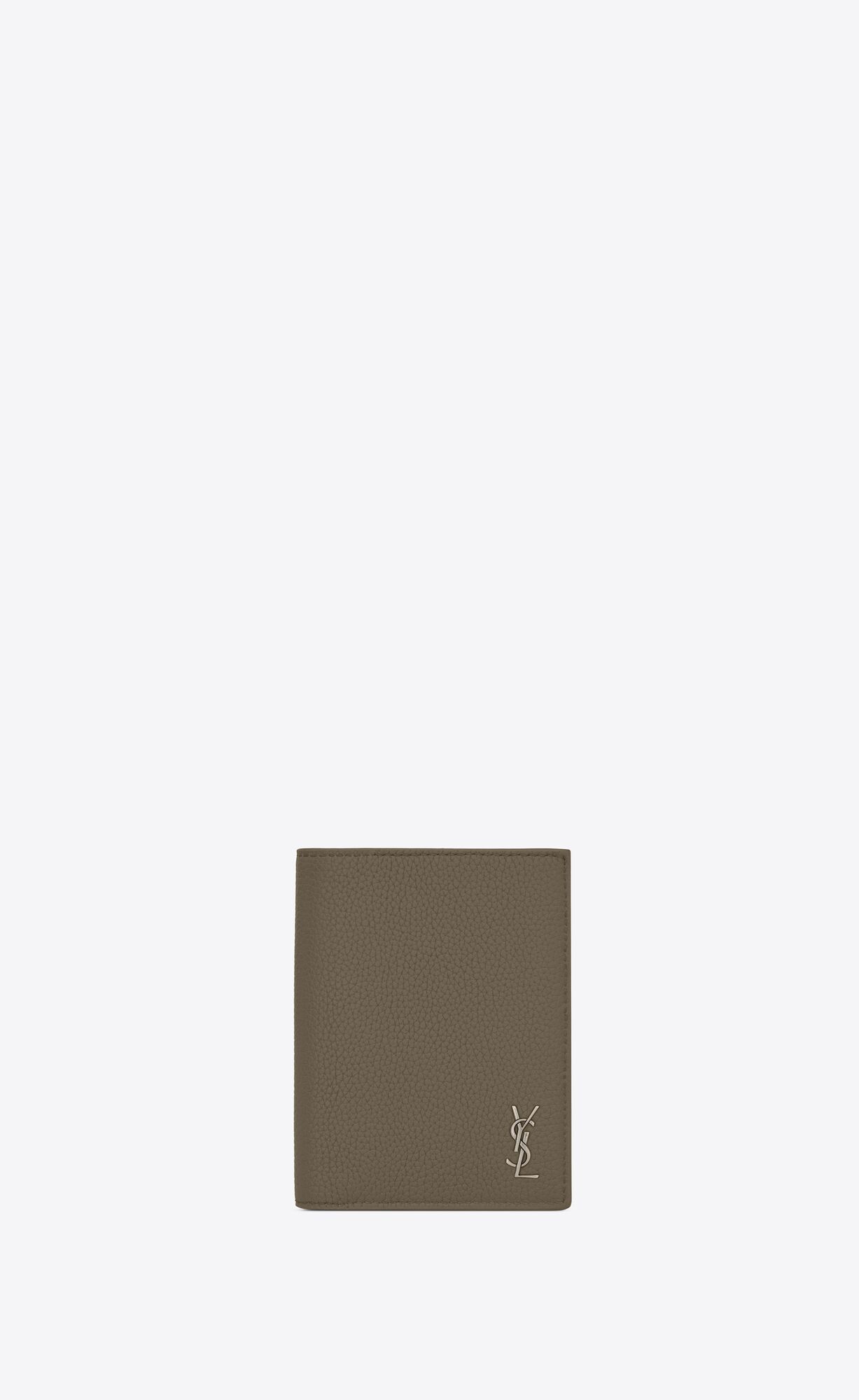 YSL Tiny Cassandre Credit Card Wallet In Grained Leather Dark Khaki | 5023947-BO