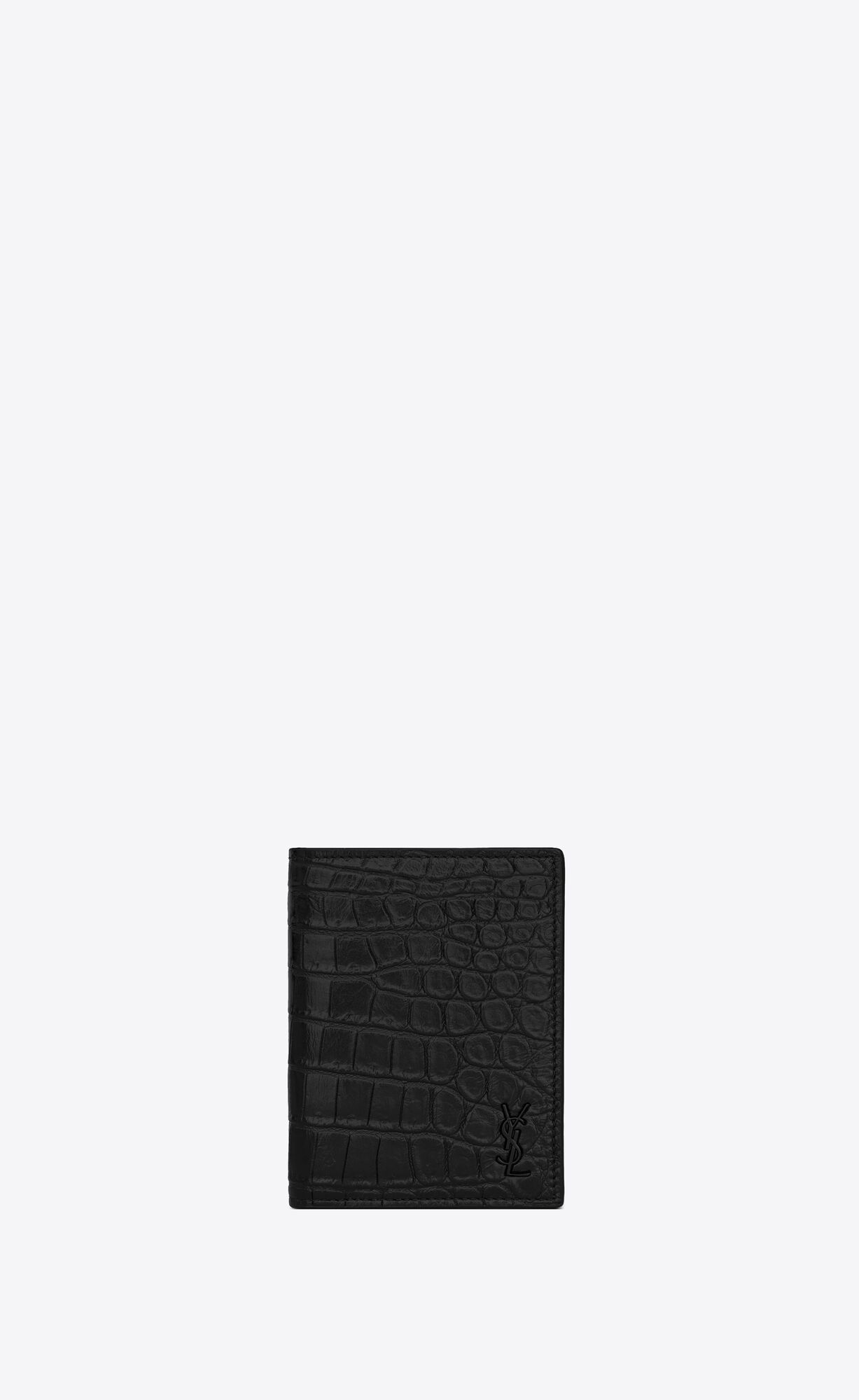 YSL Tiny Cassandre Credit Card Wallet In Crocodile-embossed Matte Leather Black | 9354267-WC