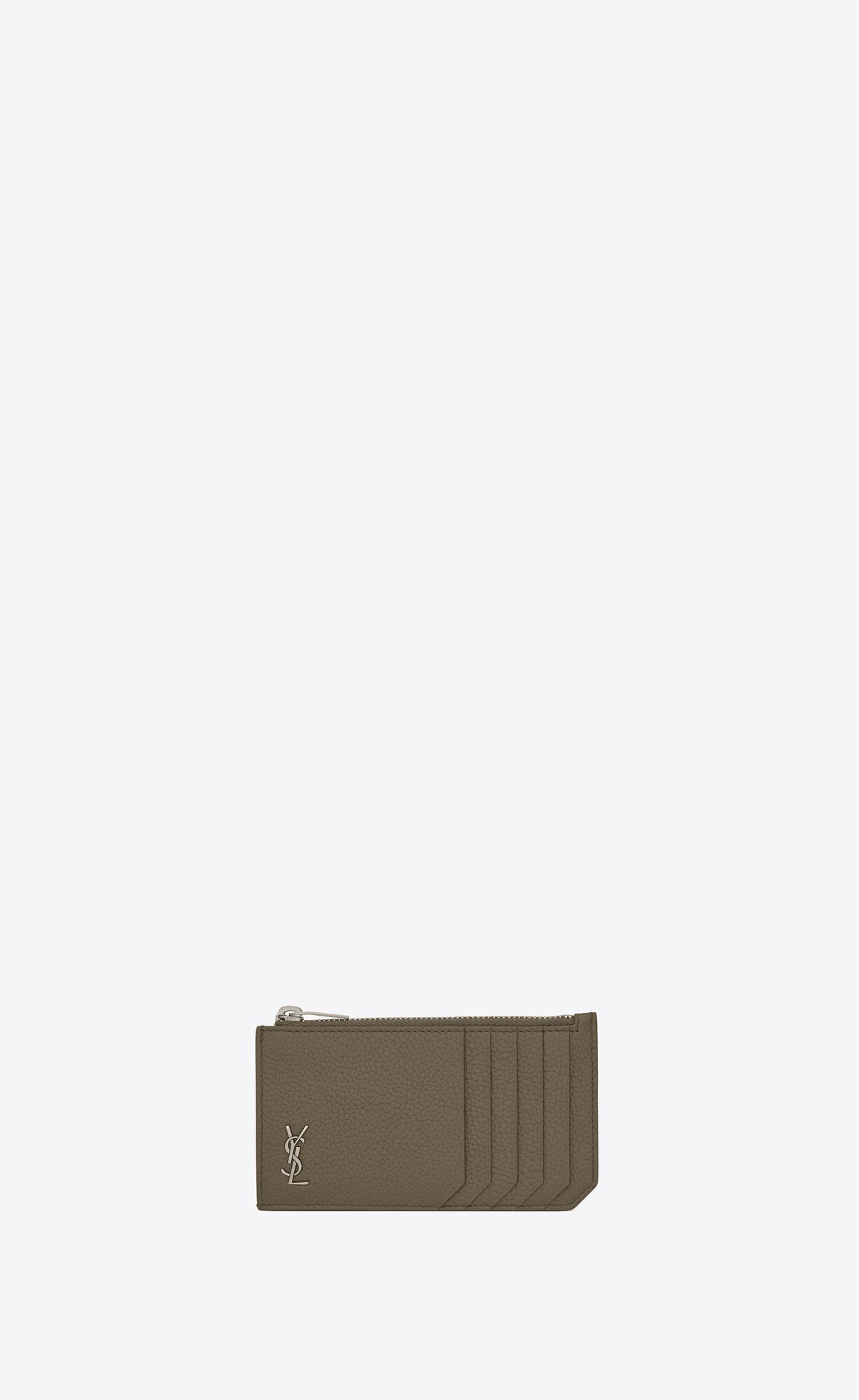 YSL Tiny Cassandre Fragments Zipped Card Case In Grained Leather Dark Khaki | 4236017-HM