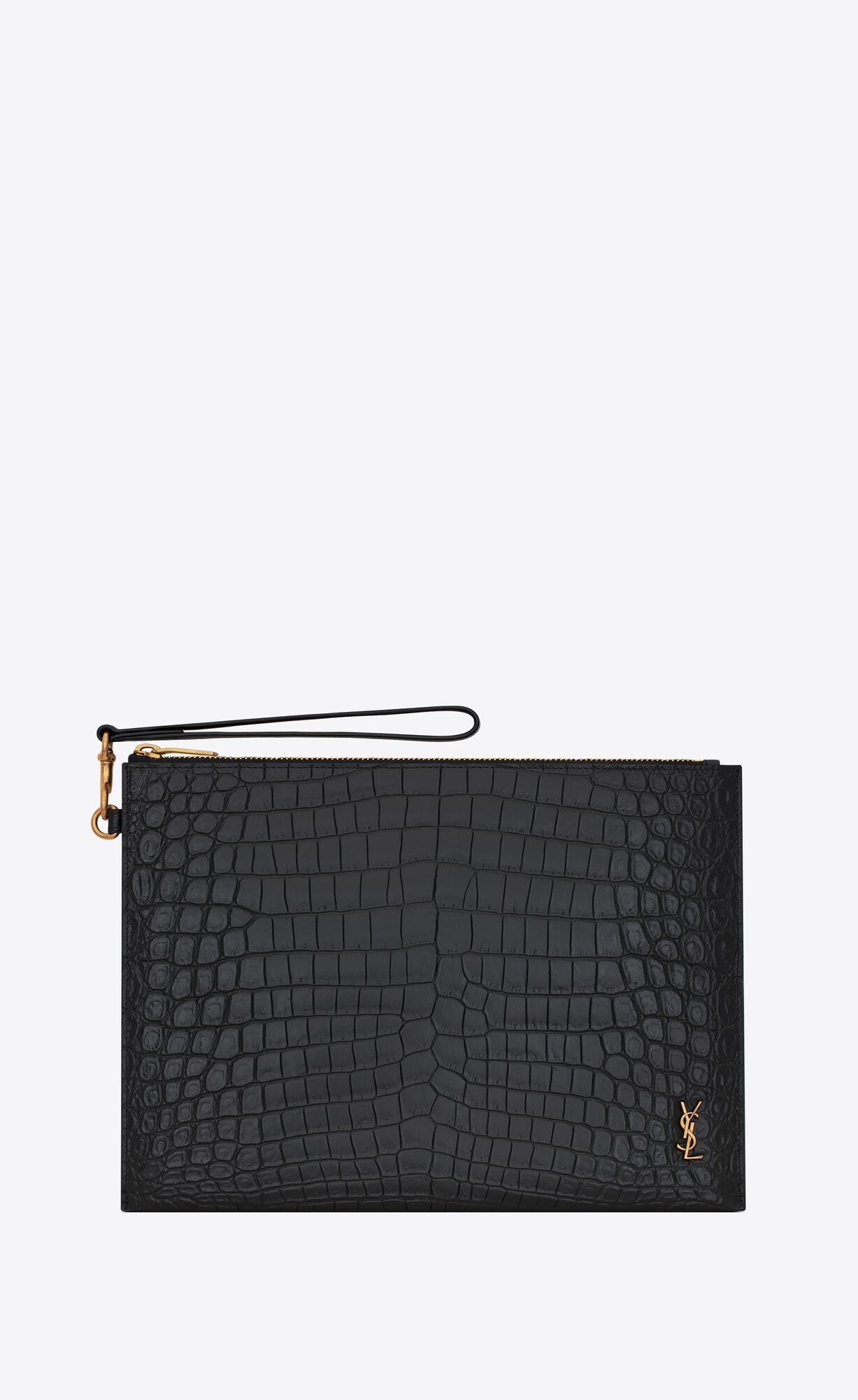 YSL Tiny Cassandre Zip Tablet Holder In Crocodile-embossed Leather Noir | 3410298-ST