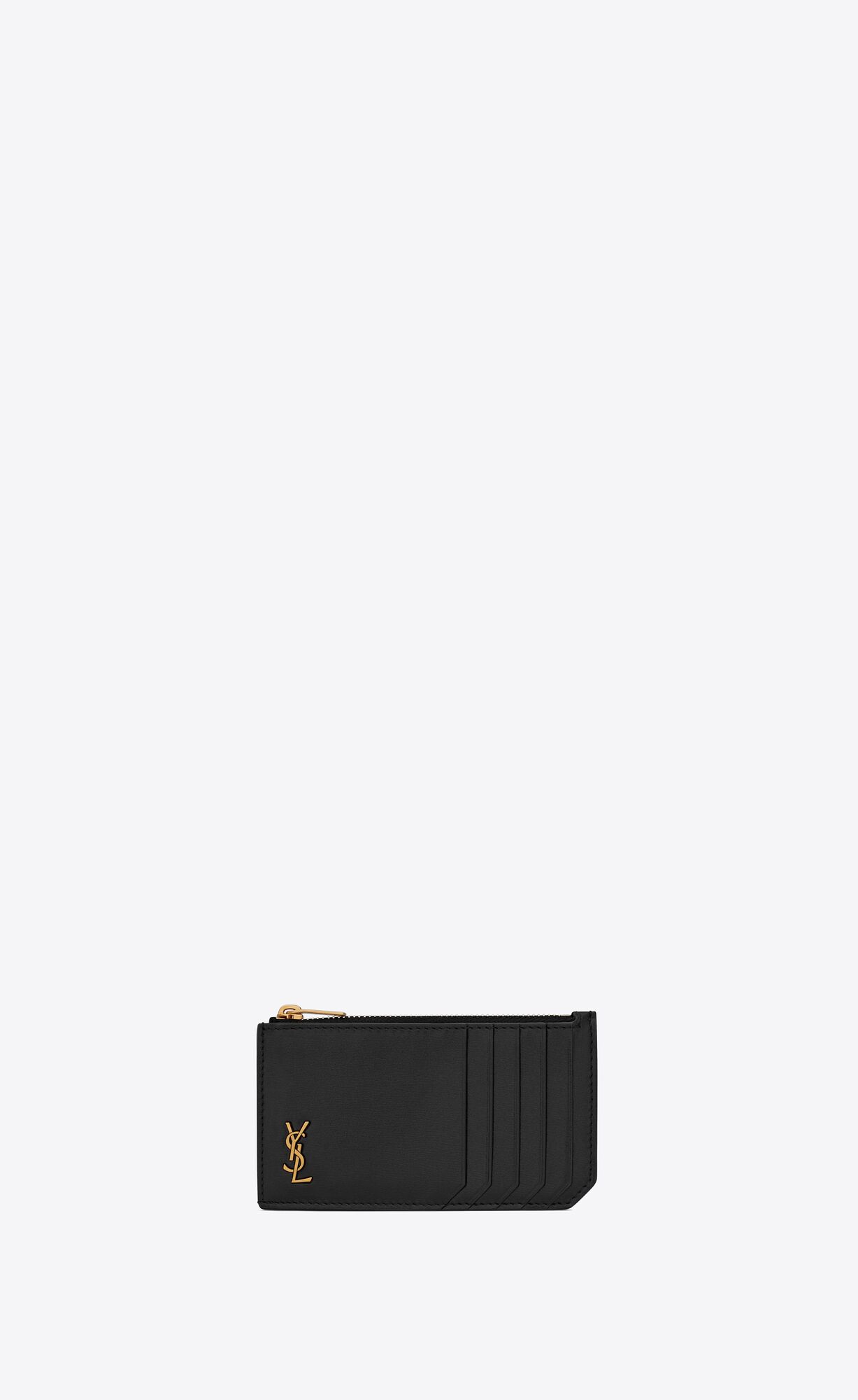 YSL Tiny Cassandre Zipped Fragments Credit Card Case In Shiny Leather Black | 9023648-AD